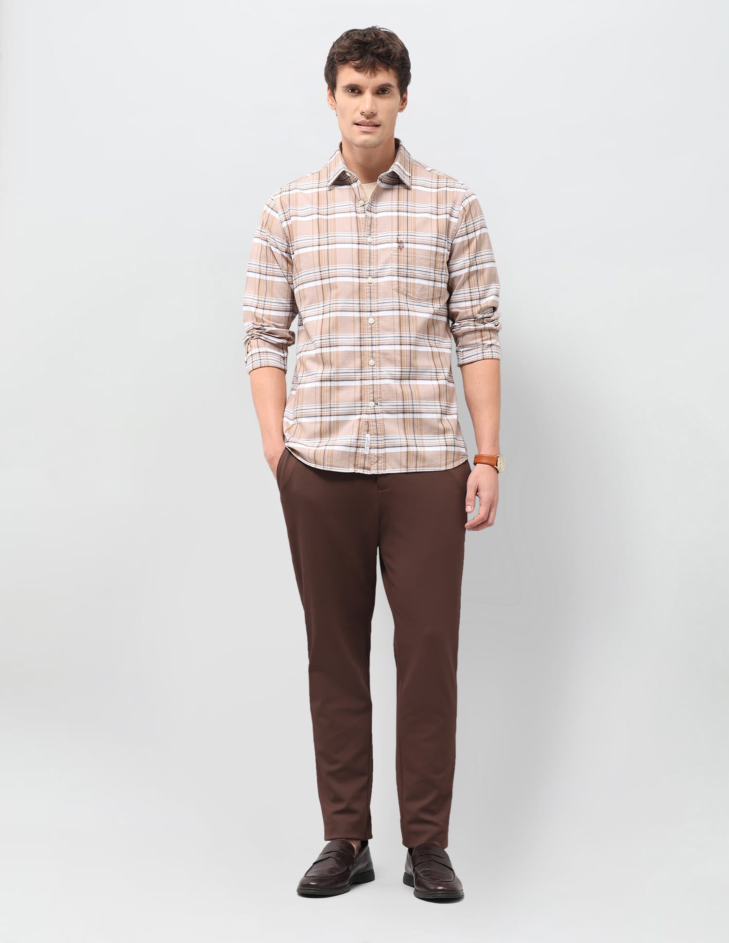 Plaid Checked Tailored Fit Shirt Beige - U.S. Polo Assn. India | Large