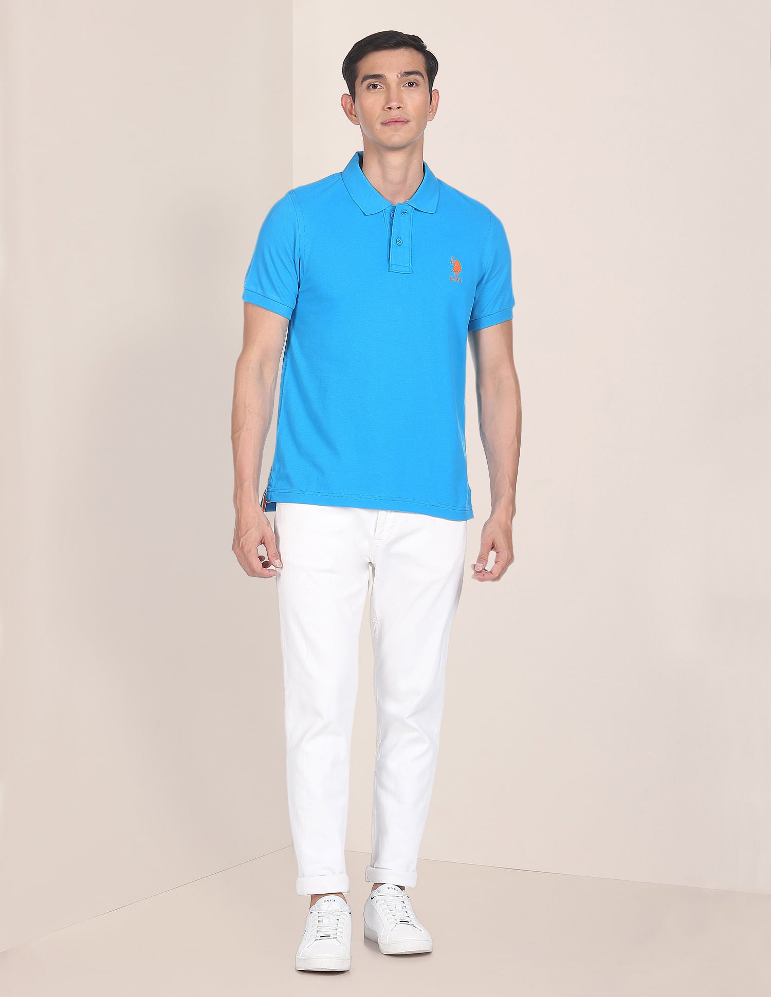 Ribbed Collar Solid Polo Shirt Blue - U.S. POLO ASSN. | Large