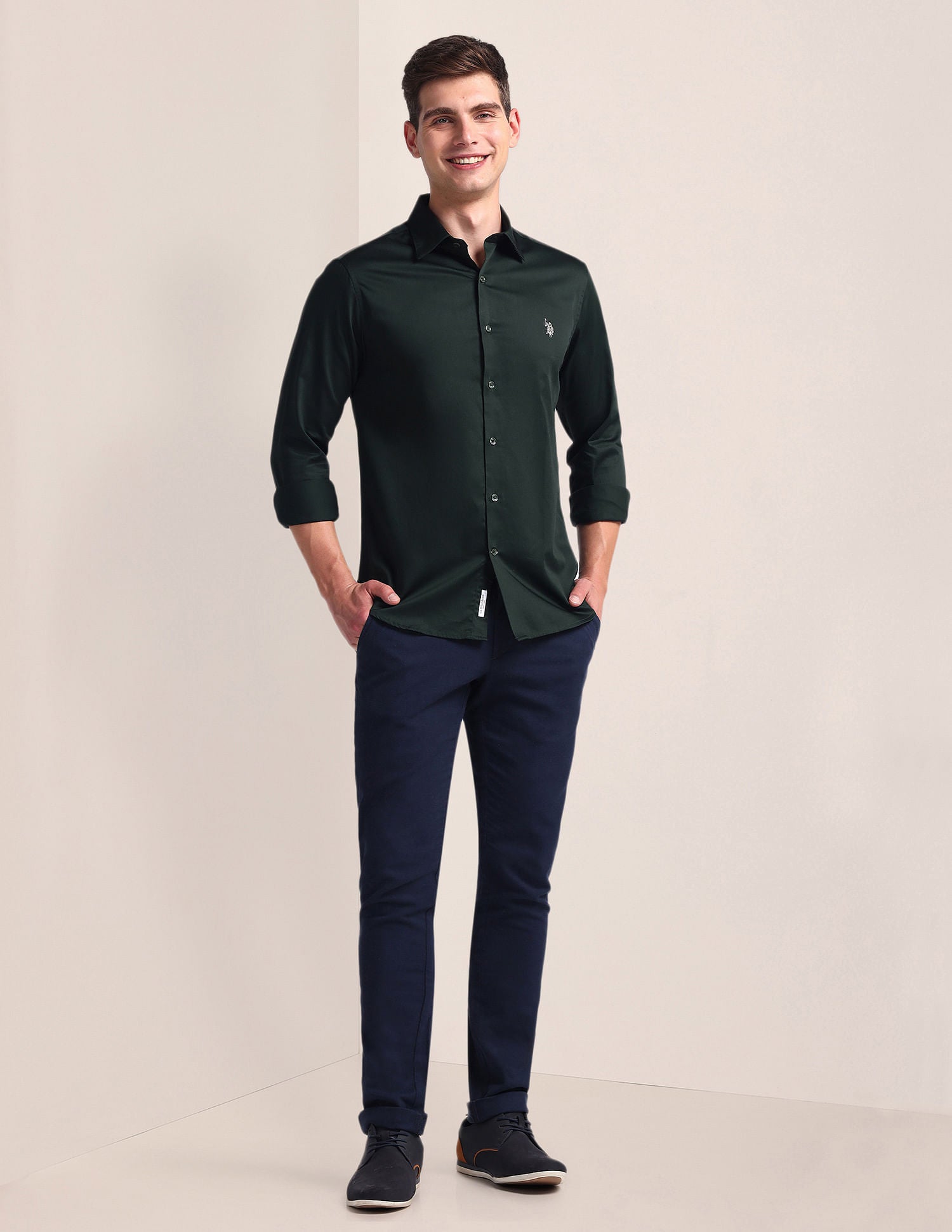 Semi-Cutaway Collar Solid Shirt Green - U.S. Polo Assn. India | Large