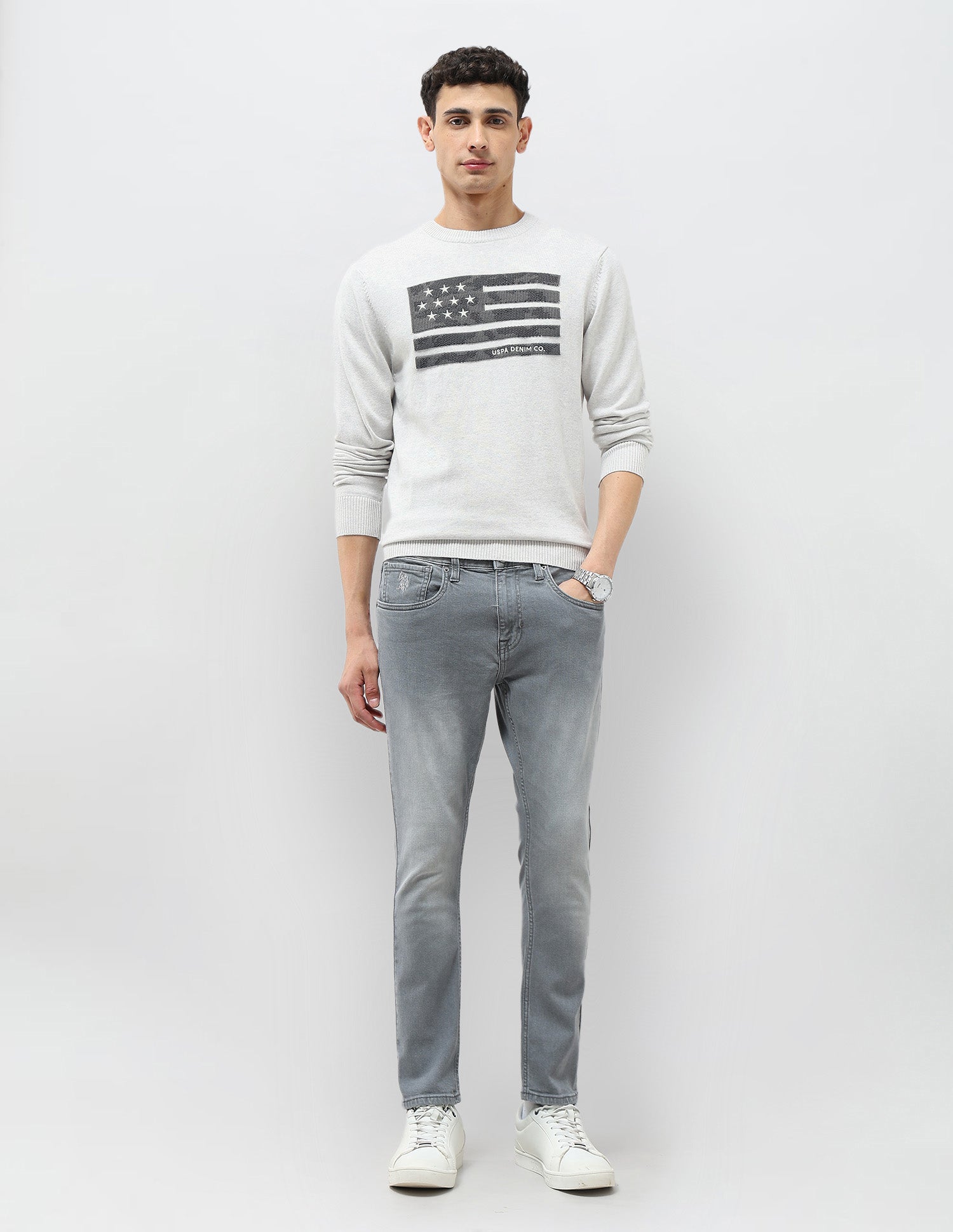 Graphic Patterned Knit Regular Fit Sweater Grey - U.S. POLO ASSN. | Large