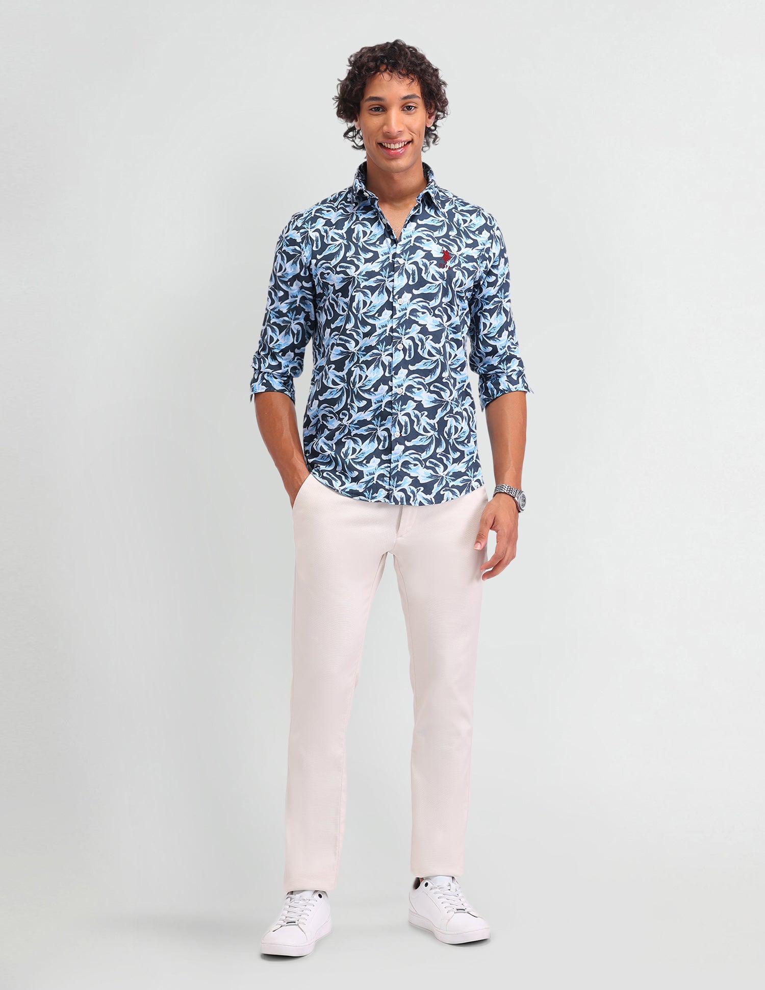 Floral Pattern Twill Shirt Navy - U.S. Polo Assn. India | Large