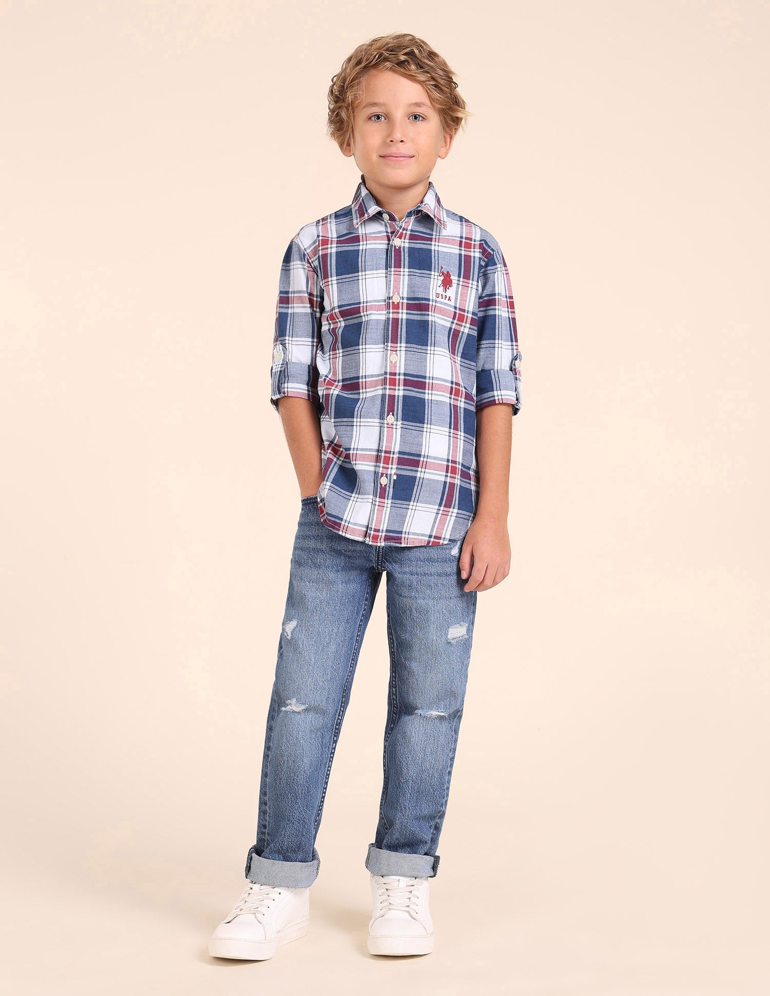 Boys Plaid Checked Regular Fit Shirt Light Blue - U.S. POLO ASSN. | Large