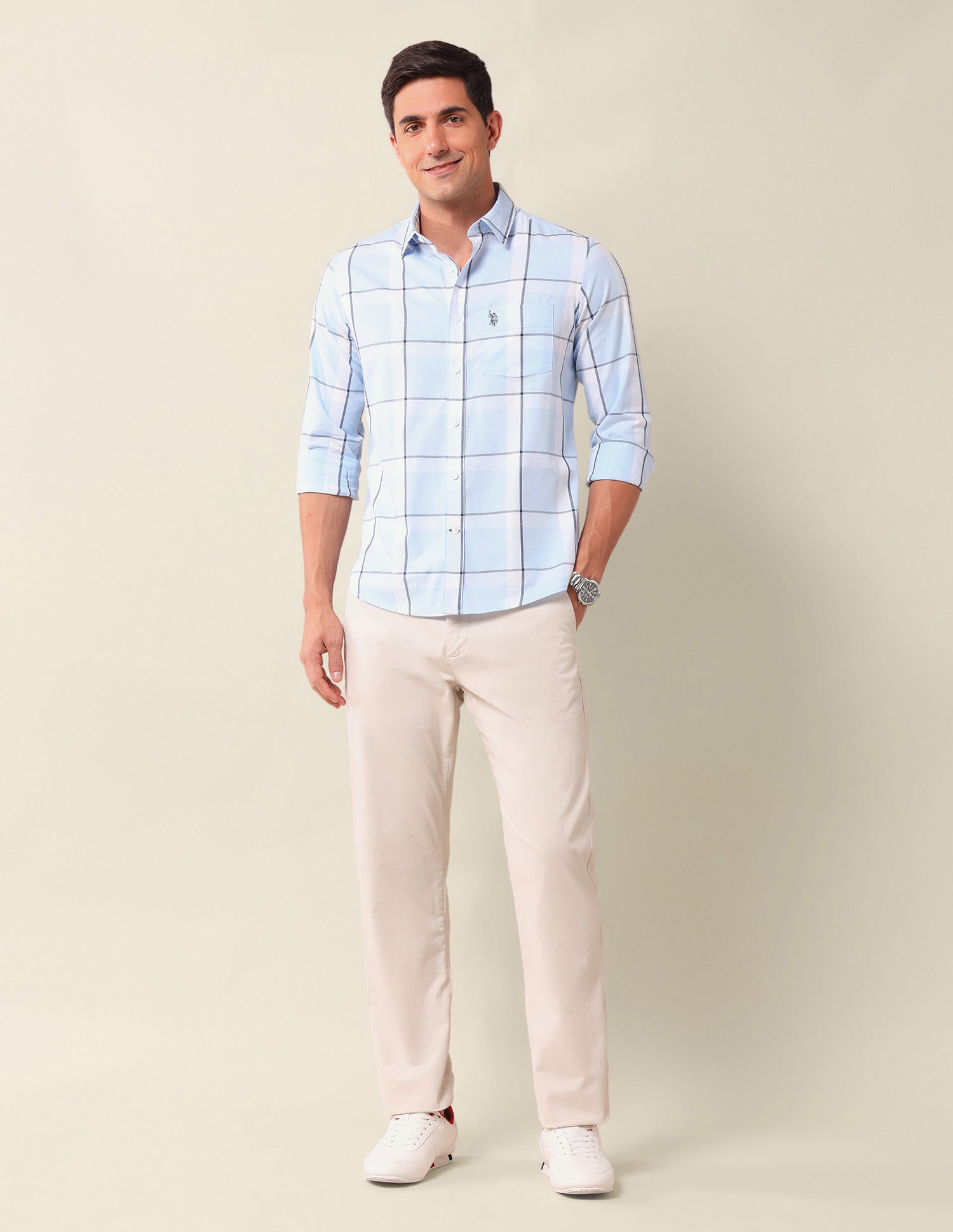 Windowpane Checked Tailored Fit Shirt Light Blue - U.S. Polo Assn. India | Large