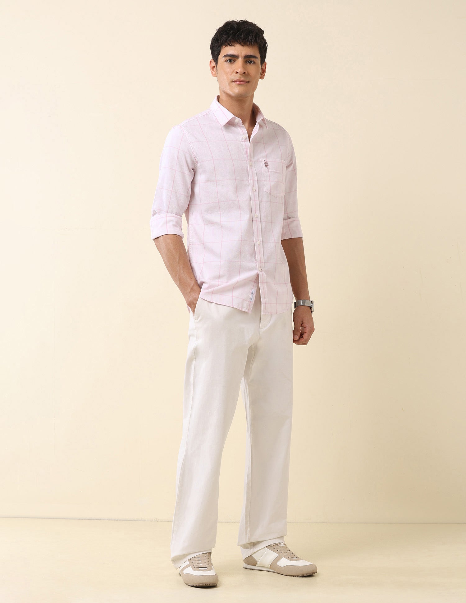 Windowpane Checked Tailored Fit Shirt Pink - U.S. Polo Assn. India | Large