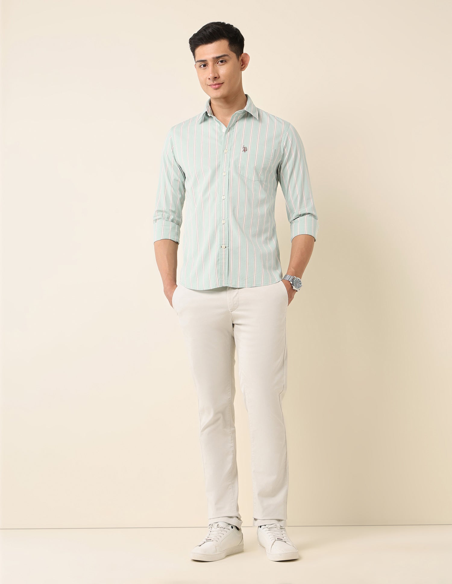 Vertical Striped Pure Cotton Shirt Light Green - U.S. Polo Assn. India | Large