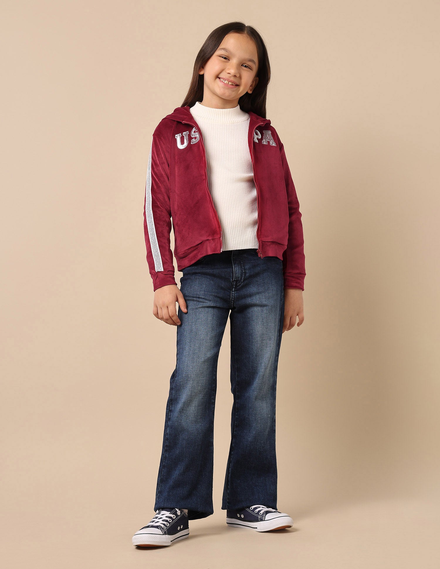 Girls Lurex Tape Velour Sweatshirt Maroon - U.S. POLO ASSN. | Large