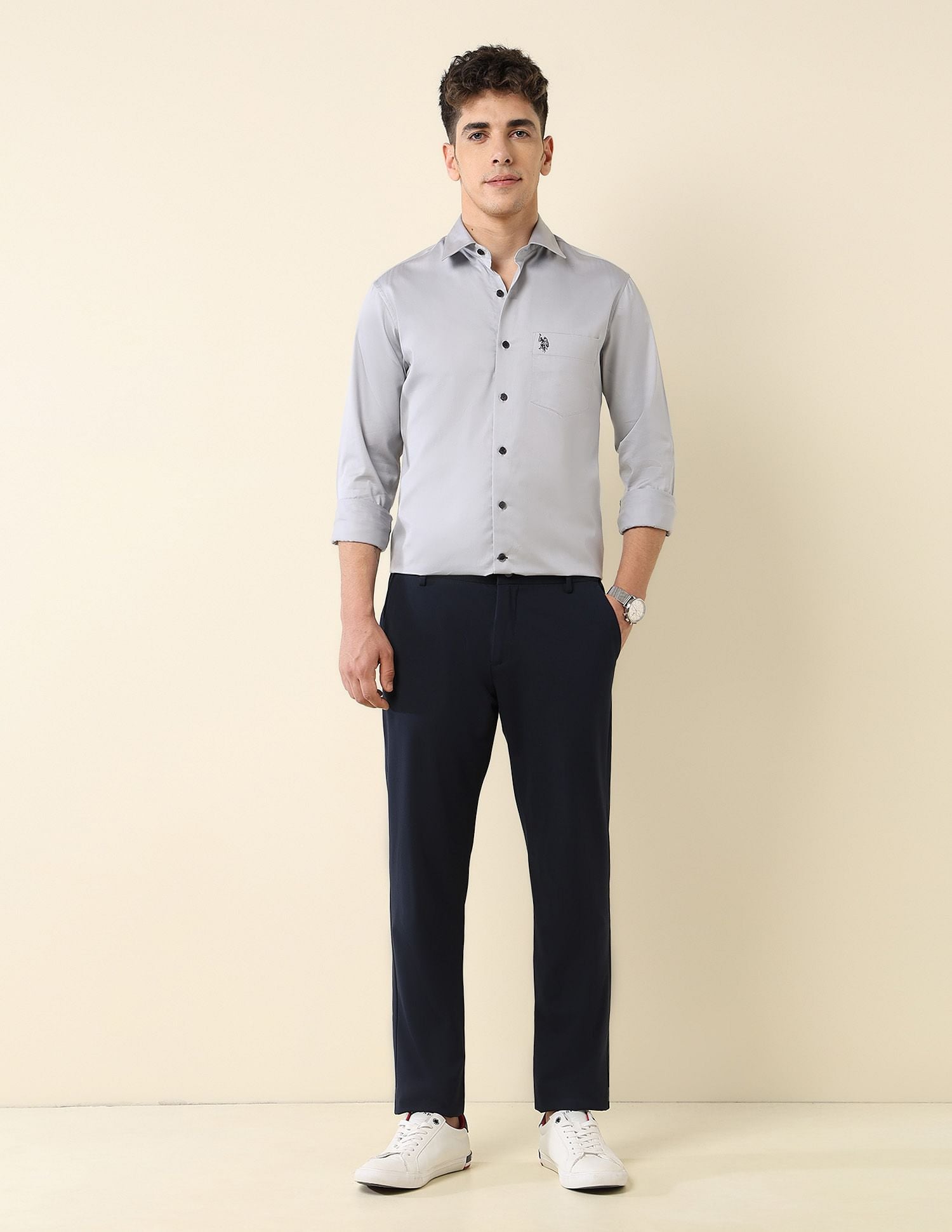 Tailored Fit Satin Shirt Light Grey - U.S. Polo Assn. India | Large