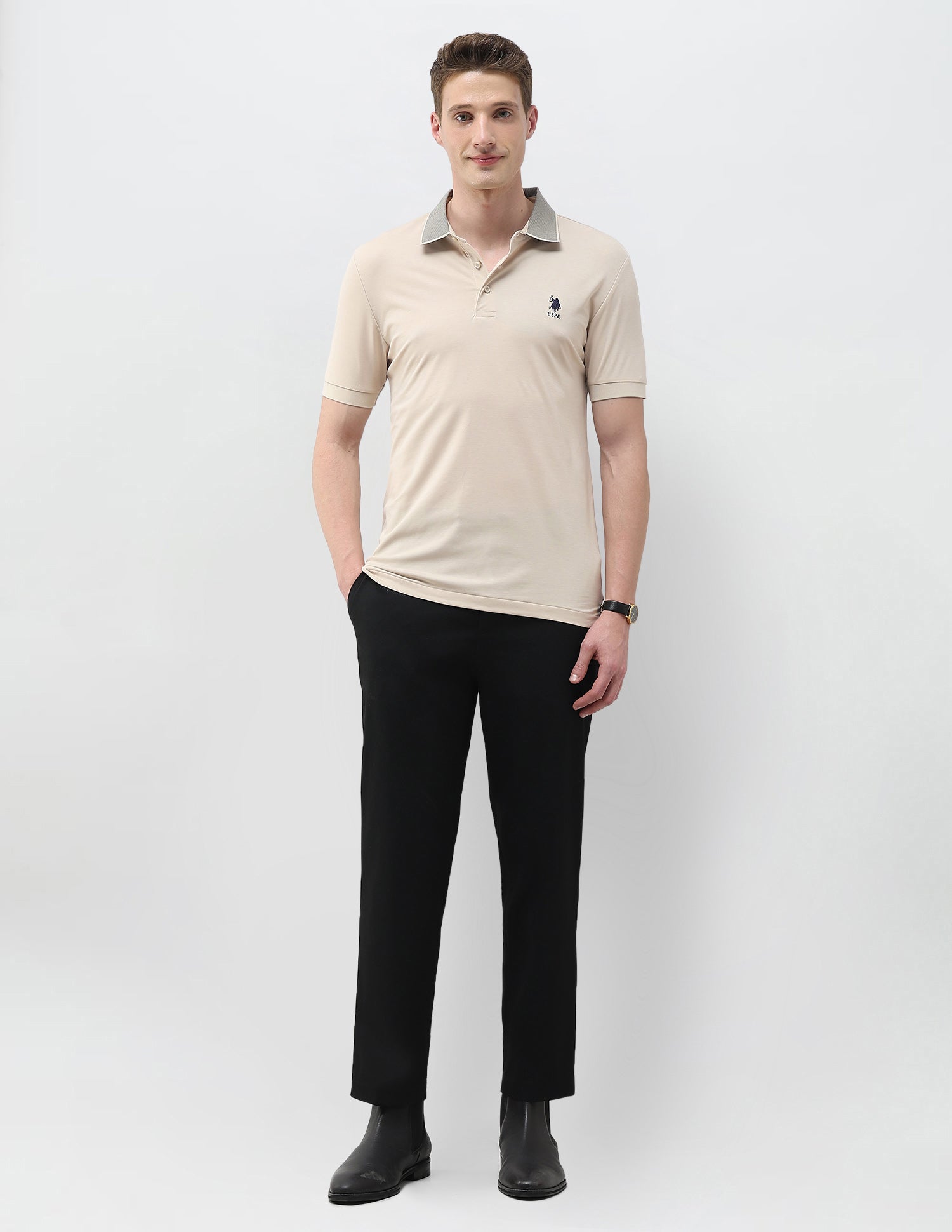 Solid Slim Fit Polo Shirt Beige - U.S. Polo Assn. India | Large