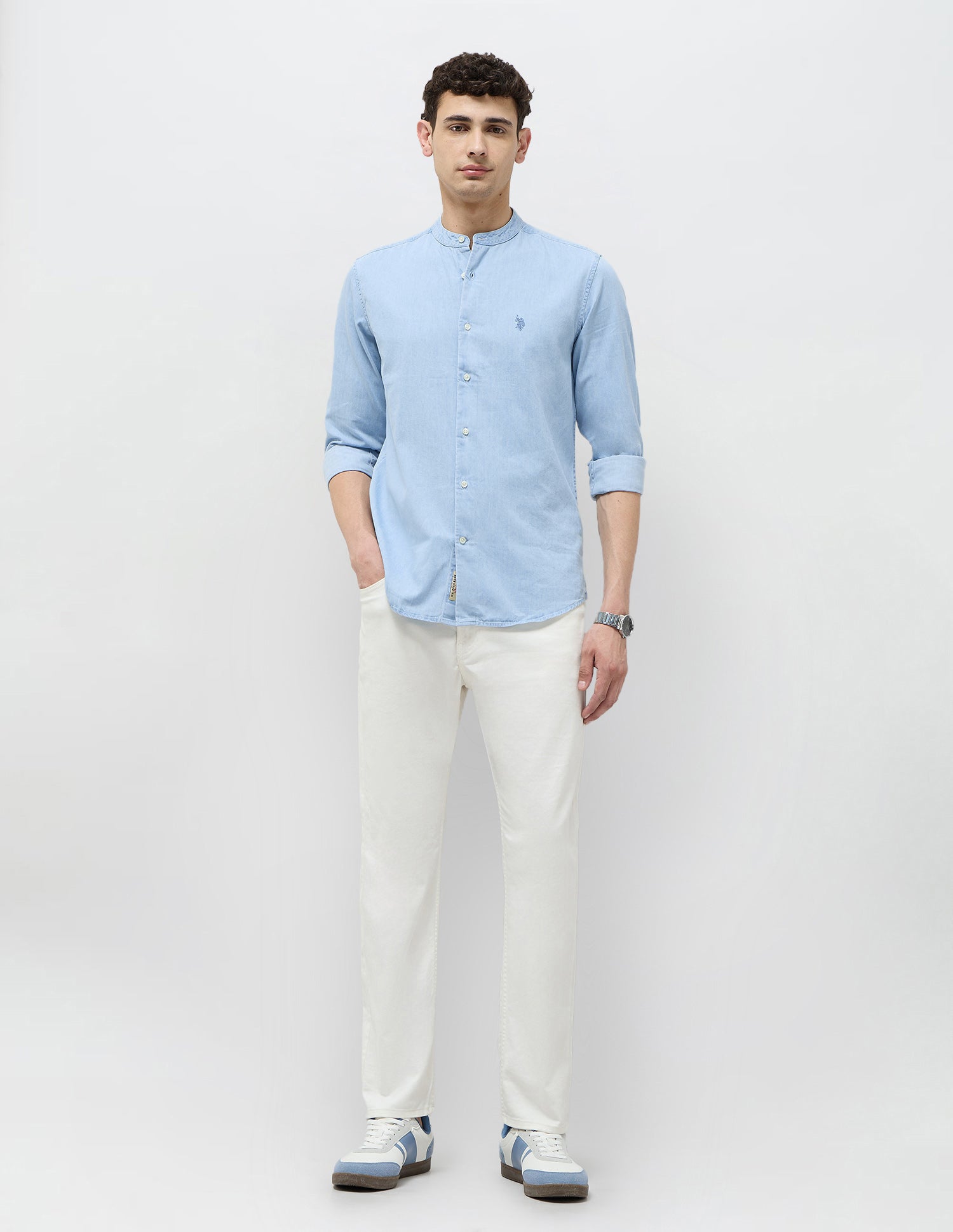 Twill Slim Fit Mandarin Shirt Light Indigo - U.S. POLO ASSN. | Large