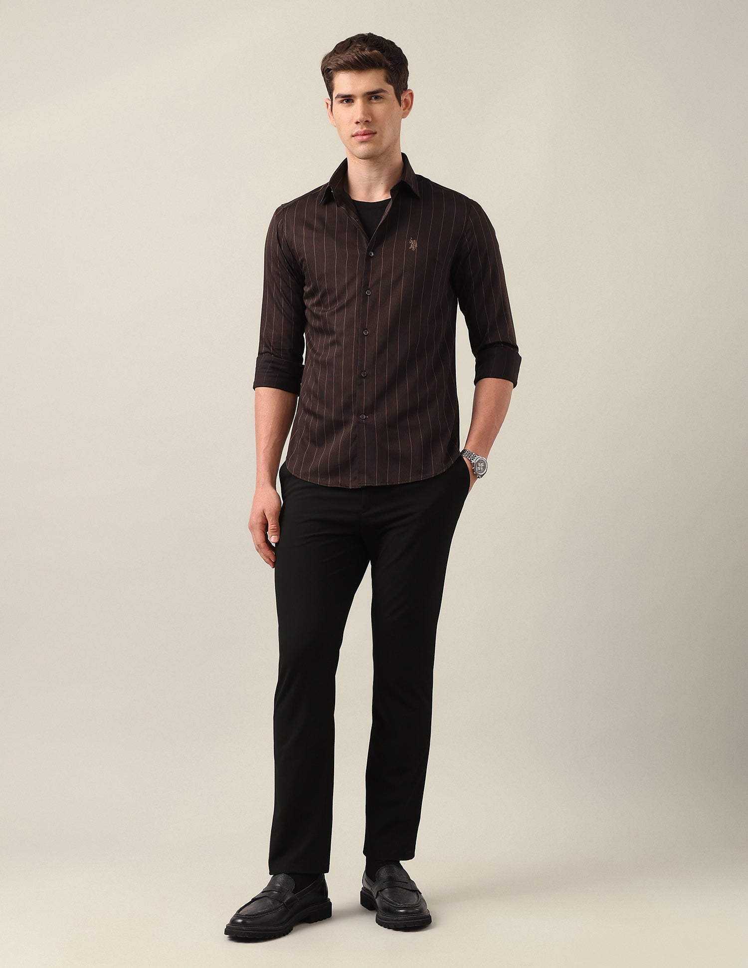 Vertical Striped Satin Shirt Brown - U.S. Polo Assn. India | Large