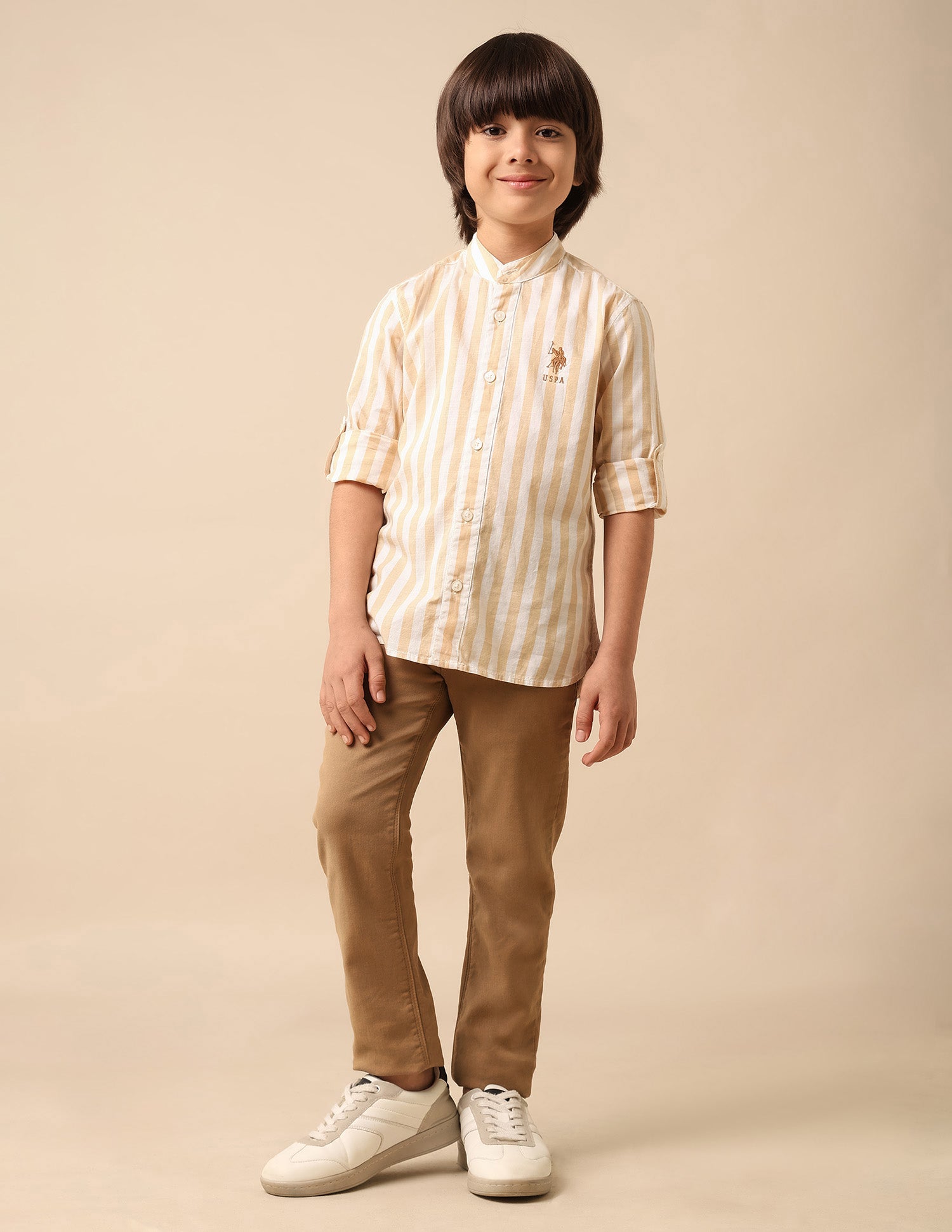 Boys Vertical Striped Mandarin Shirt Beige - U.S. POLO ASSN. | Large
