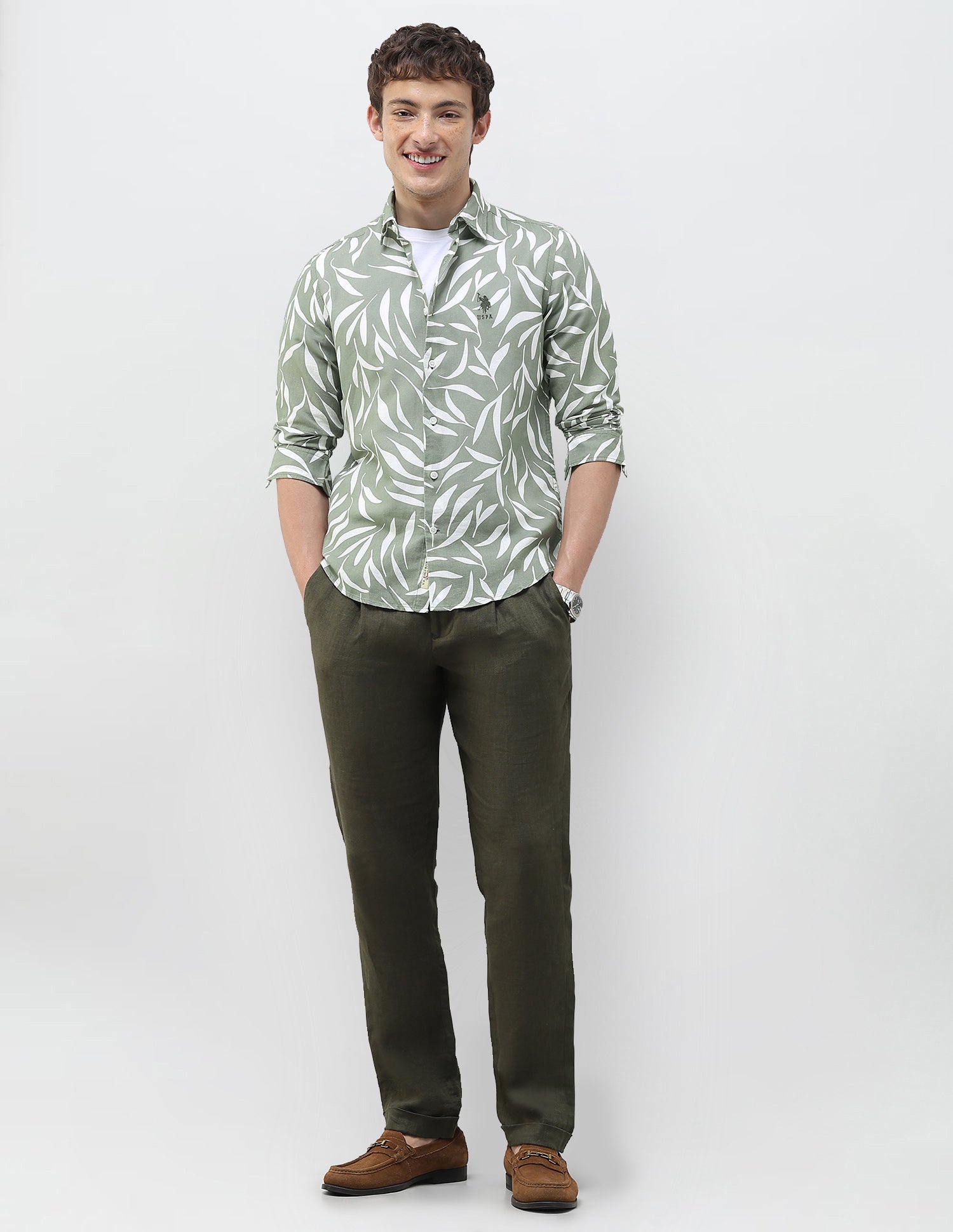 Tropical Printed Regular Fit Shirt Light Green - U.S. Polo Assn. India | Large