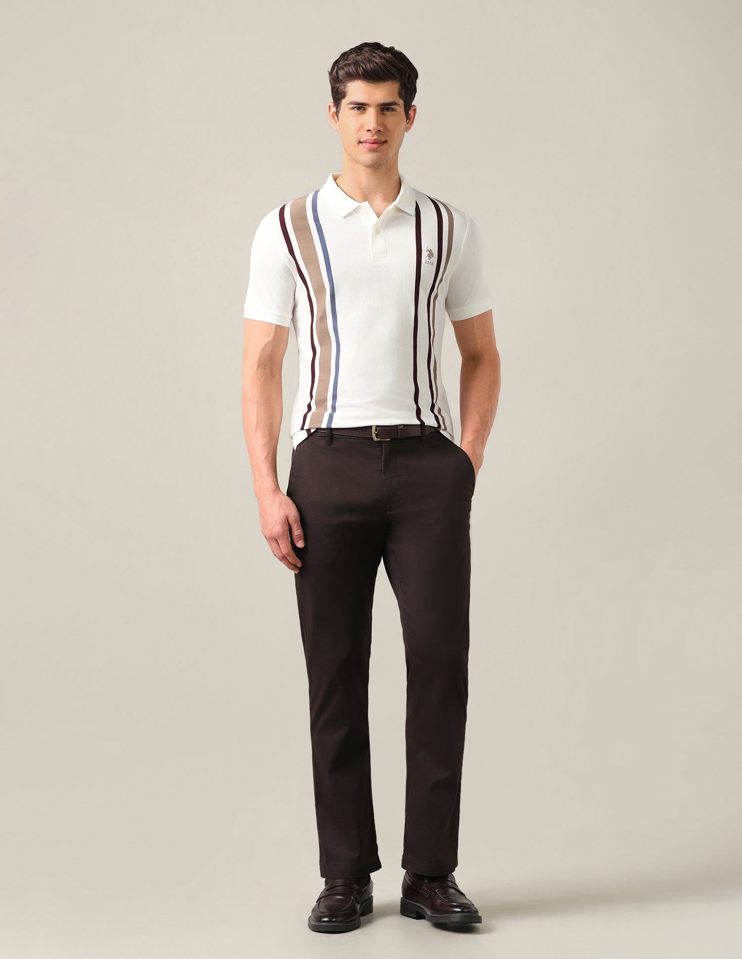 Vertical Striped Slim Fit Polo Shirt Off White - U.S. Polo Assn. India | Large