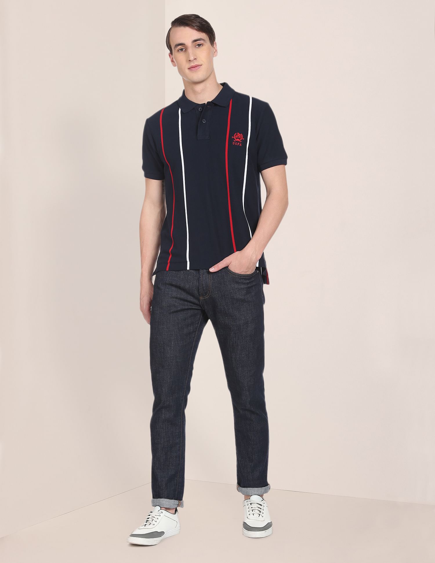 Ribbed Collar Vertical Stripe Polo Shirt Navy - U.S. POLO ASSN. | Large