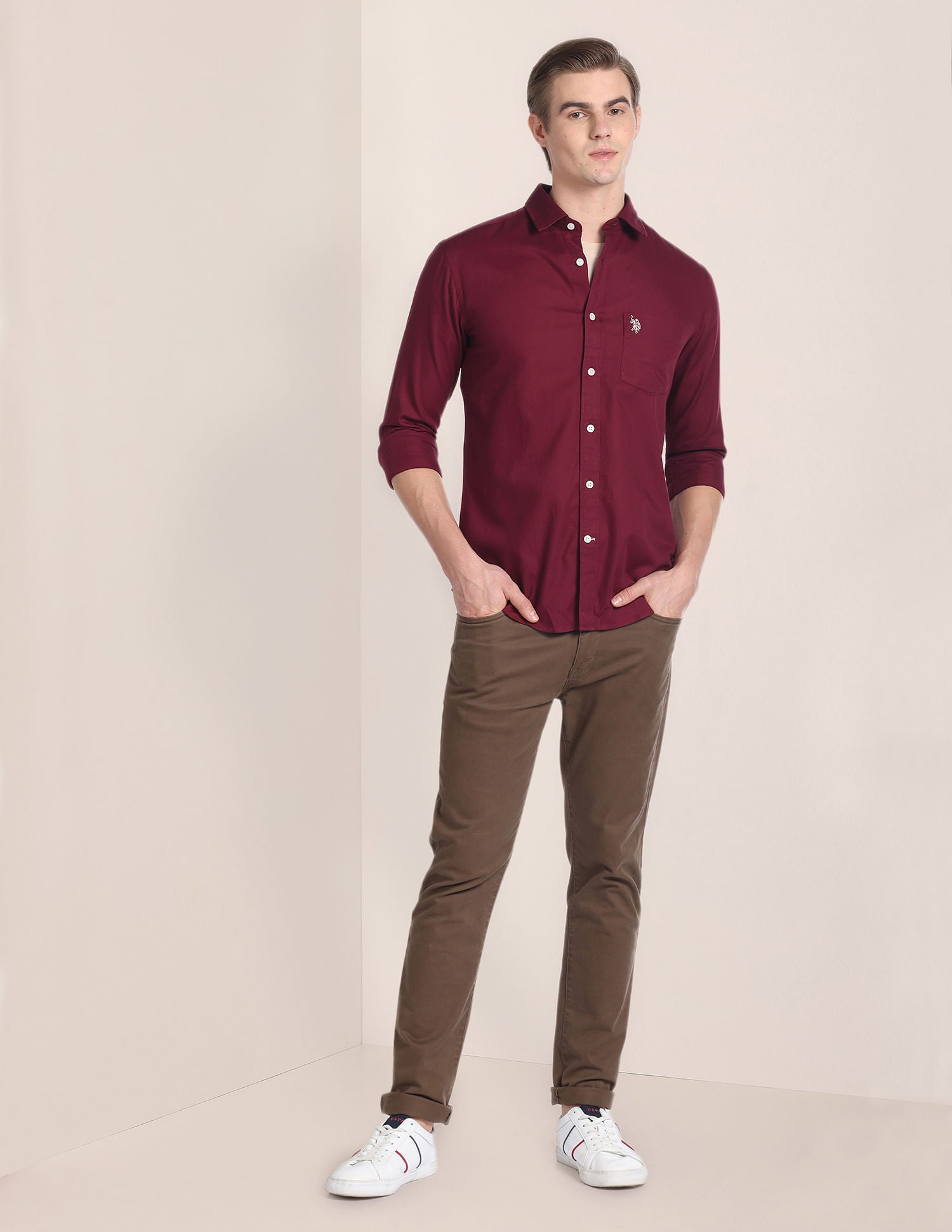 Solid Cotton Casual Shirt Maroon - U.S. Polo Assn. India | Large