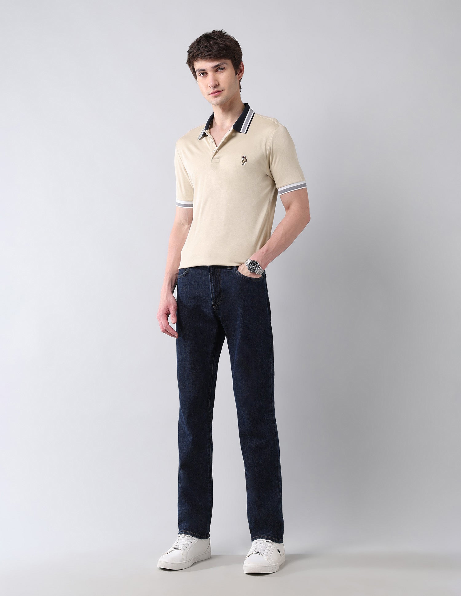 Solid Pure Cotton Muscle Fit Shirt Beige - U.S. Polo Assn. India | Large
