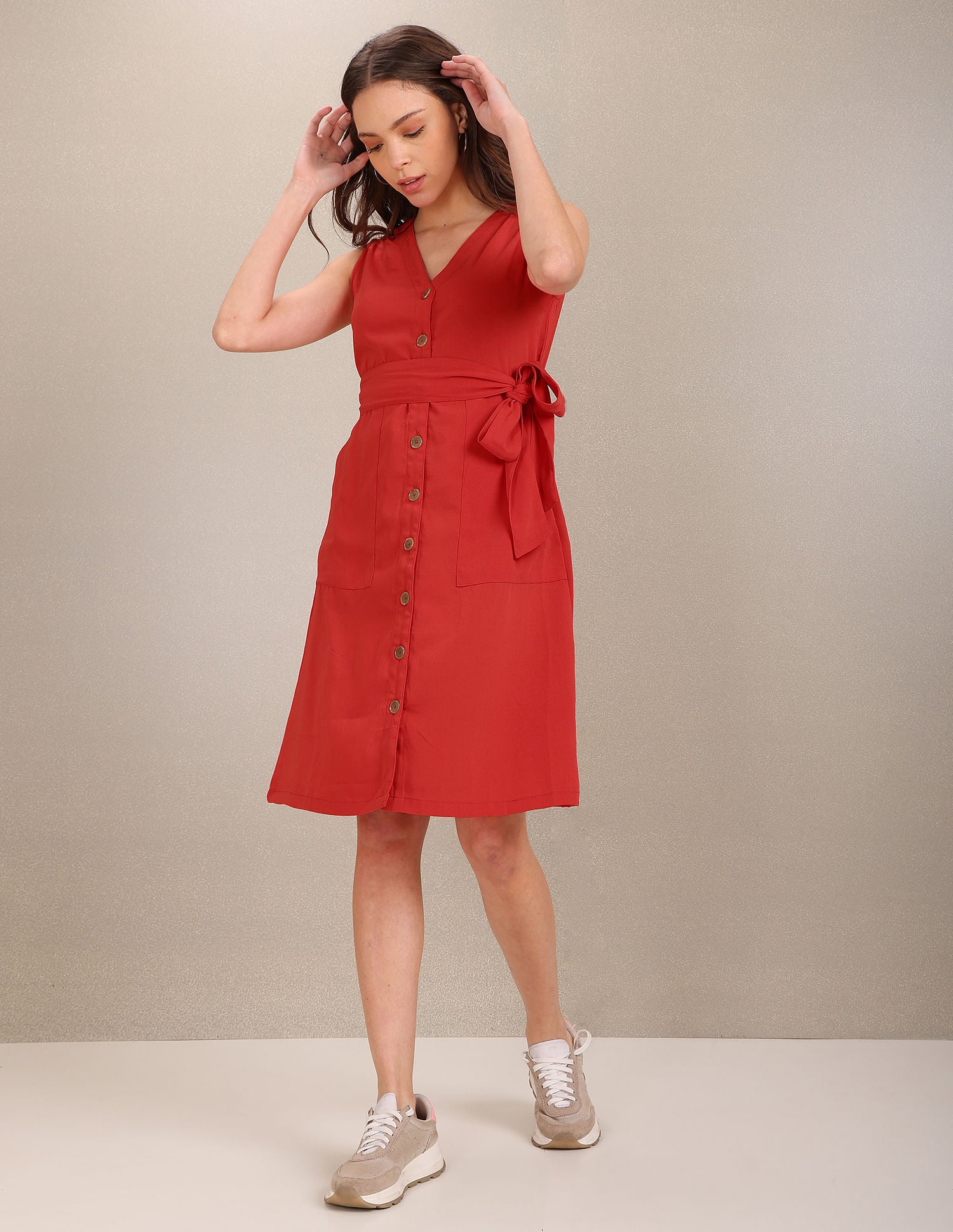 V-Neck Solid Fit And Flare Dress Red - U.S. Polo Assn. India | Large