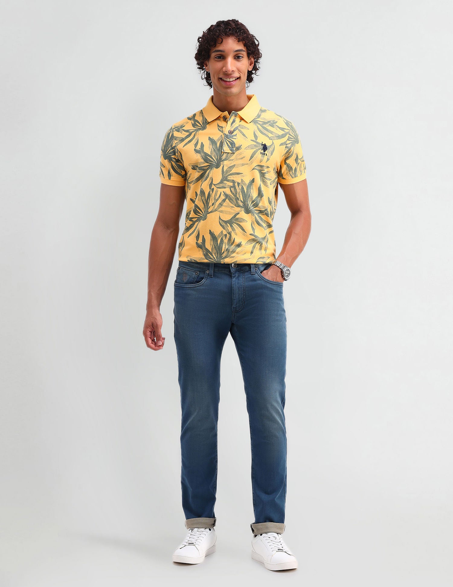 Floral Print Cotton Polo Shirt Yellow - U.S. Polo Assn. India | Large