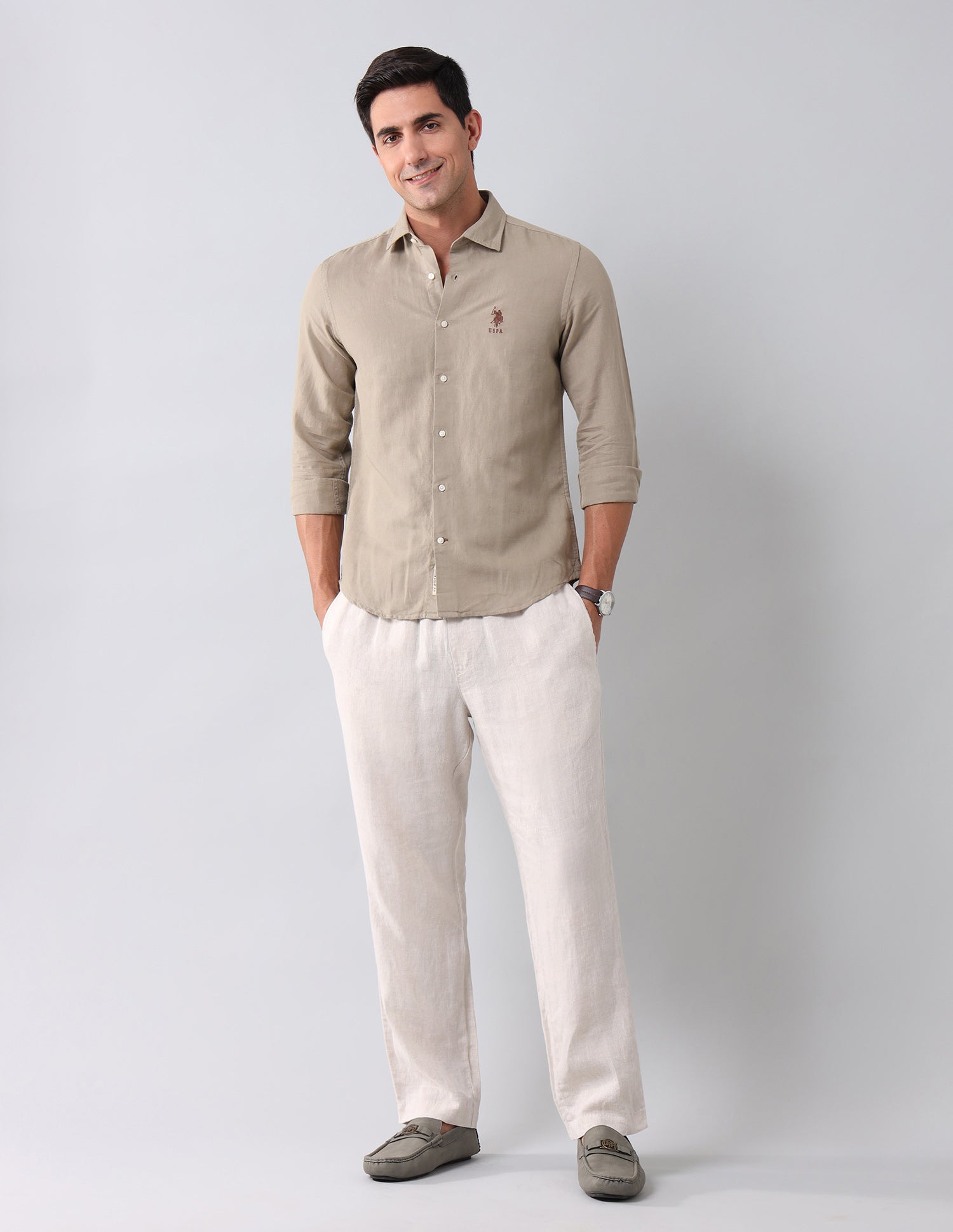 Regular Fit Solid Shirt Khaki - U.S. Polo Assn. India | Large