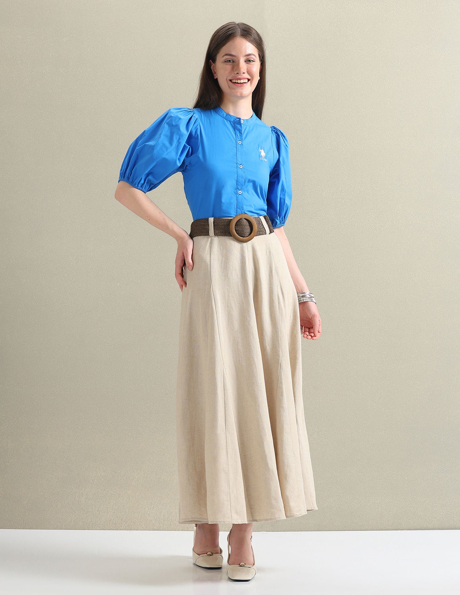 Puff Sleeve Relaxed Poplin Top Blue - U.S. POLO ASSN. | Large