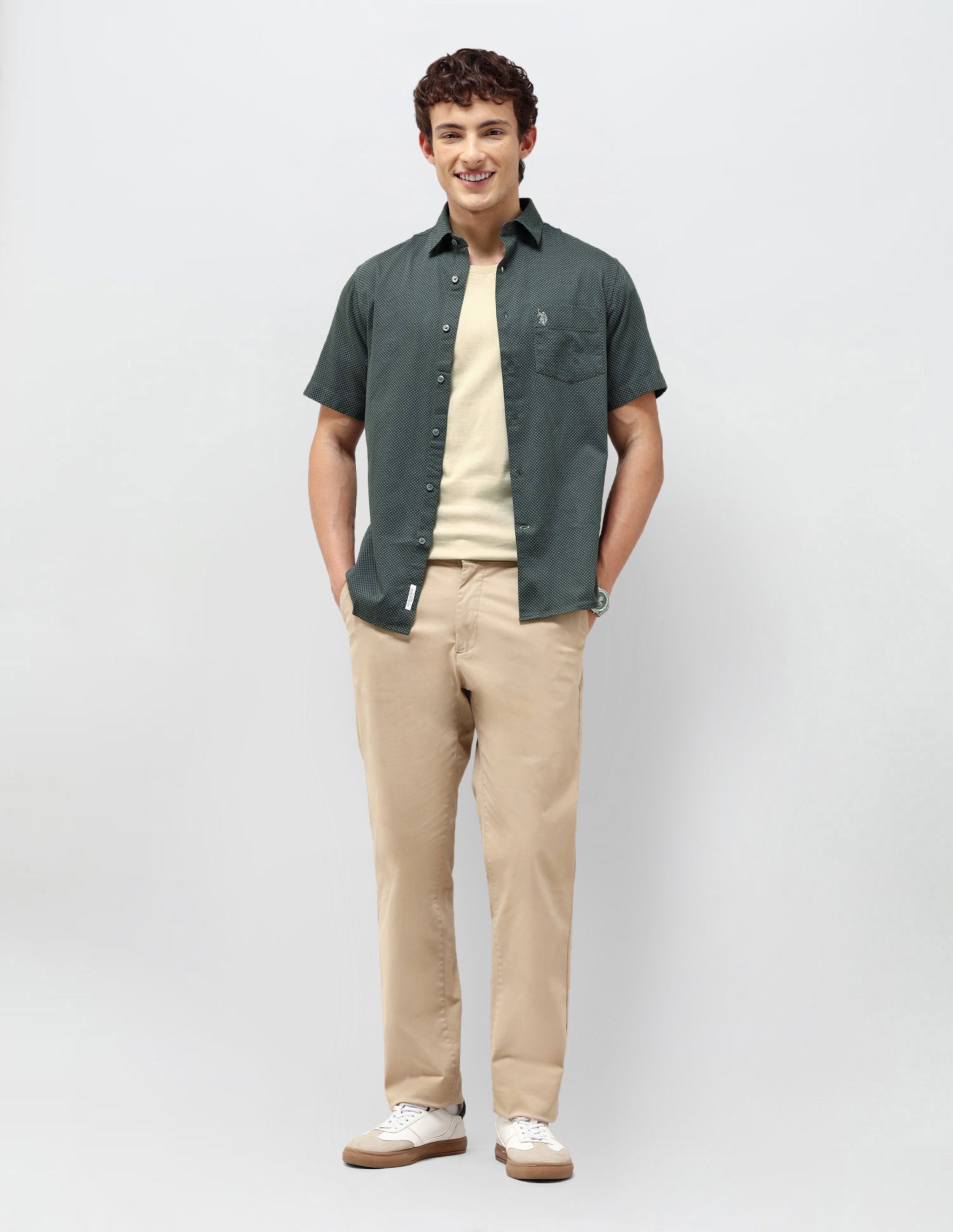 Regular Fit Self Design Geometric Shirt Olive - U.S. Polo Assn. India | Large