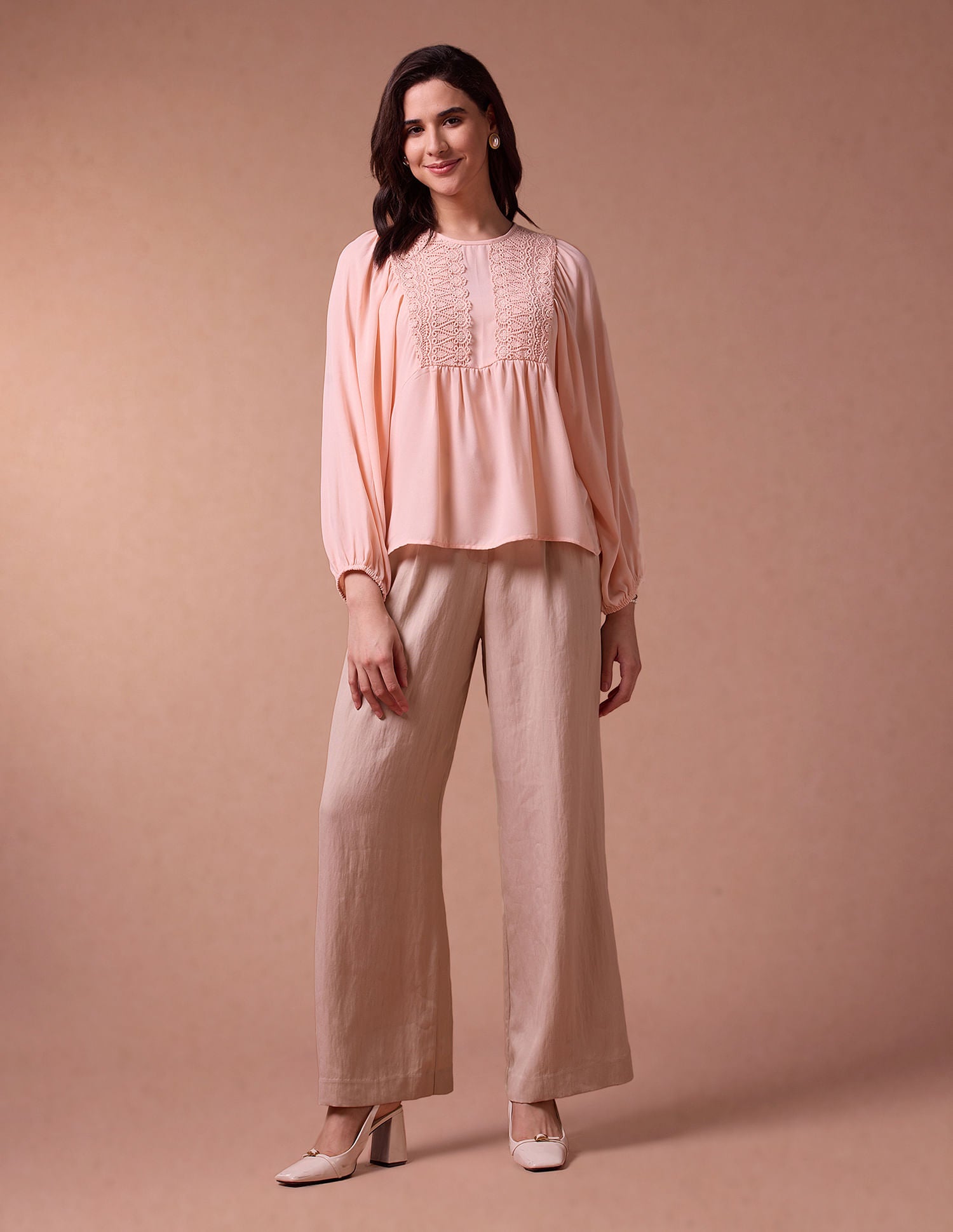 Loose Fit Lace Yoke Top Peach - U.S. POLO ASSN. | Large