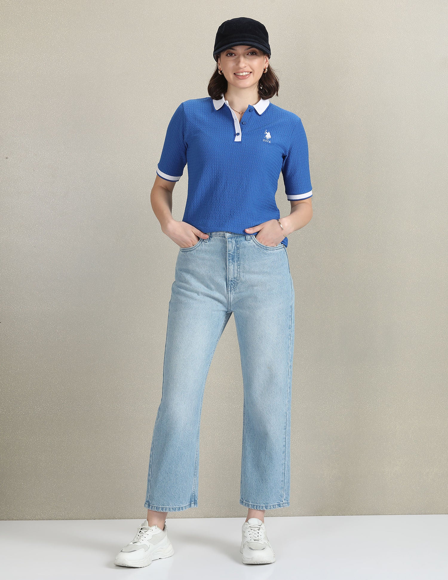 Ribbed Collar Textured Polo Shirt Blue - U.S. POLO ASSN. | Large