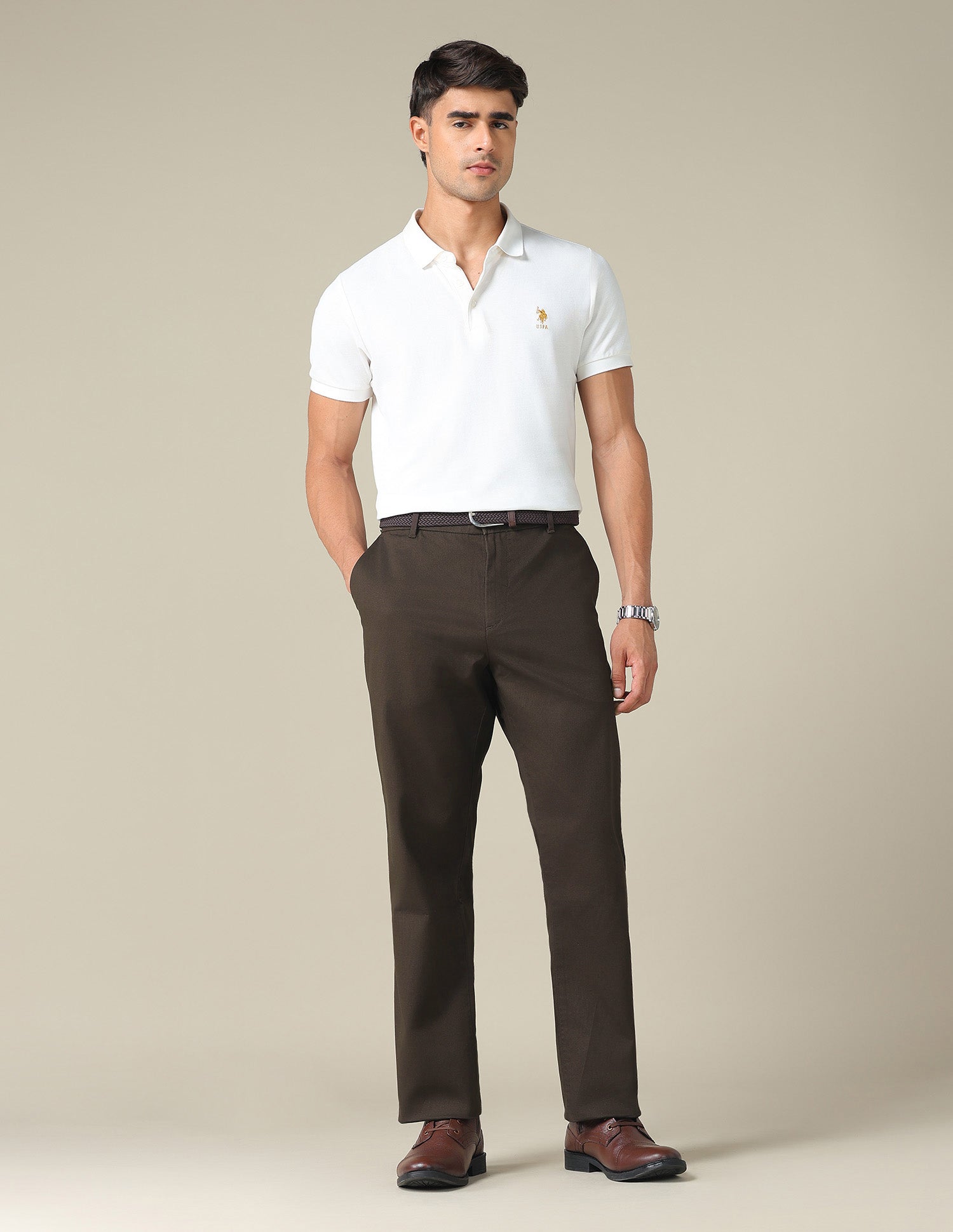 Riley Straight Fit Dobby Trousers Chocolate - U.S. POLO ASSN. | Large