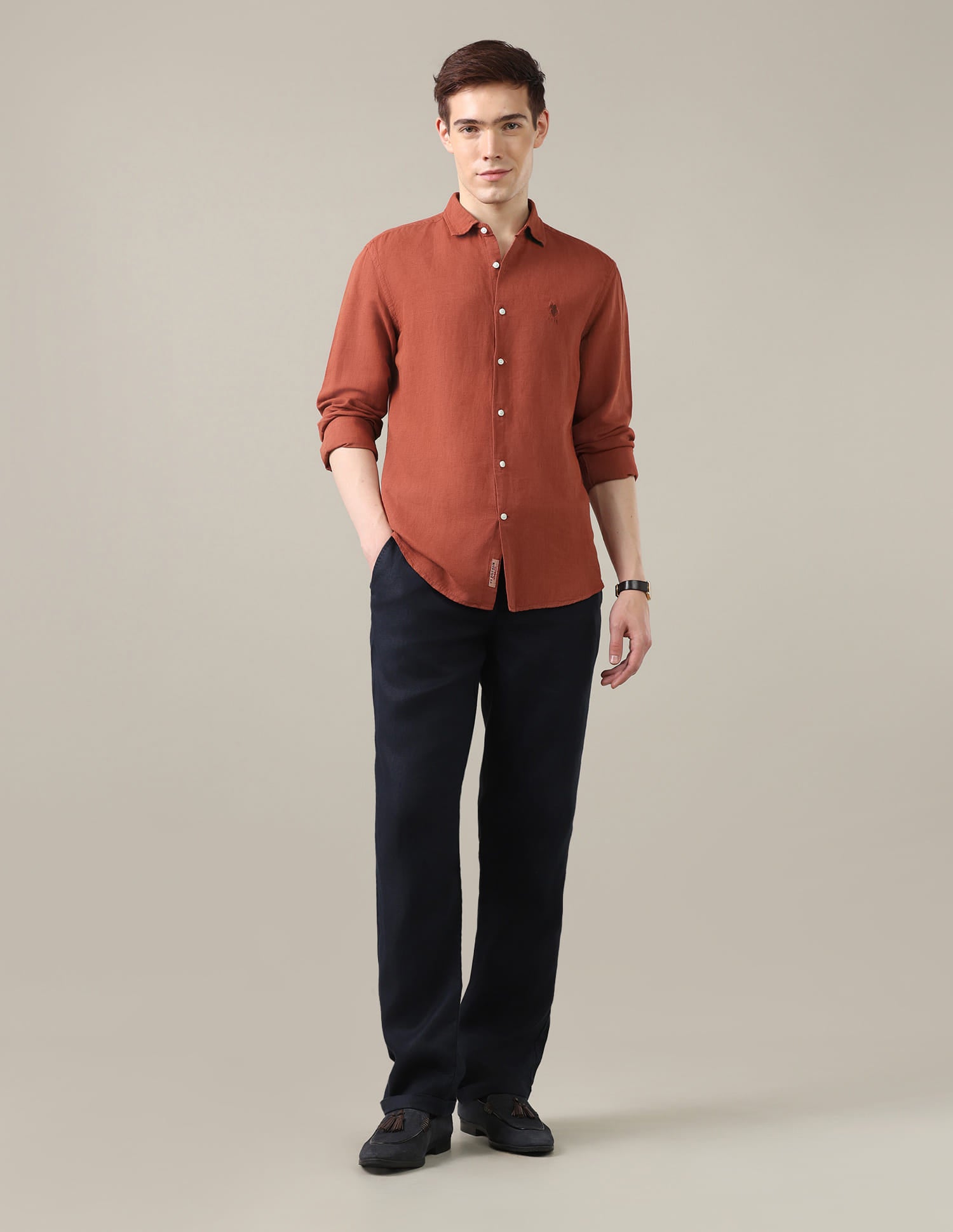 Solid Regular Fit Shirt Brown - U.S. Polo Assn. India | Large