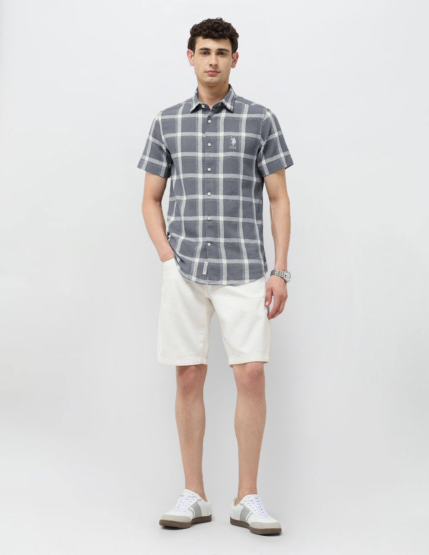 Textured With Grid Checked Dobby Shirt Grey - U.S. POLO ASSN. | Large