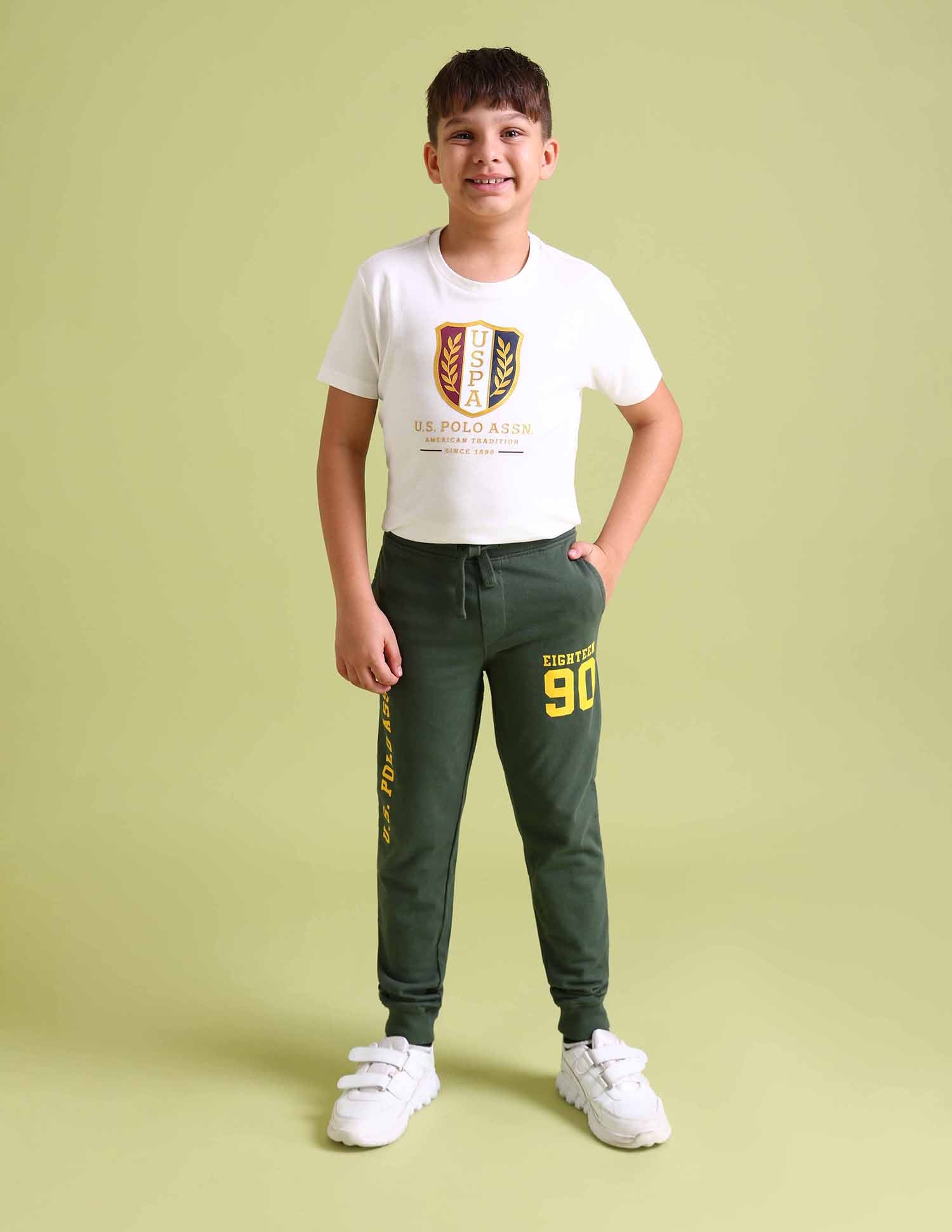Boys Green Drawstring Waist Brand Print Joggers Green - U.S. Polo Assn. India | Large