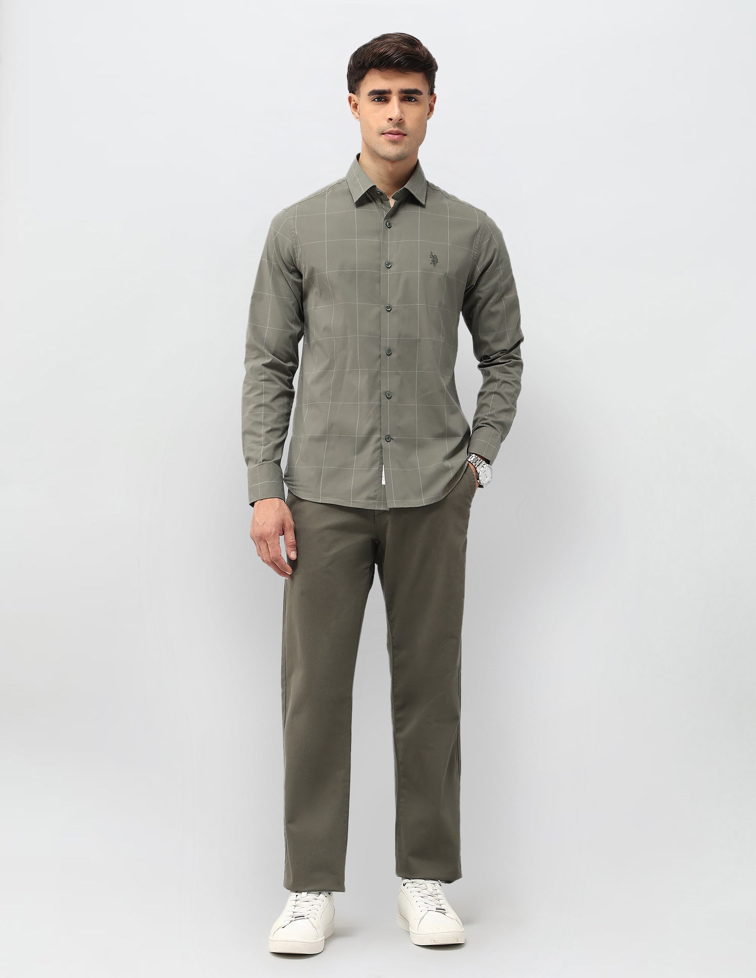 Windowpane Checked Tailored Fit Shirt Green - U.S. POLO ASSN. | Large