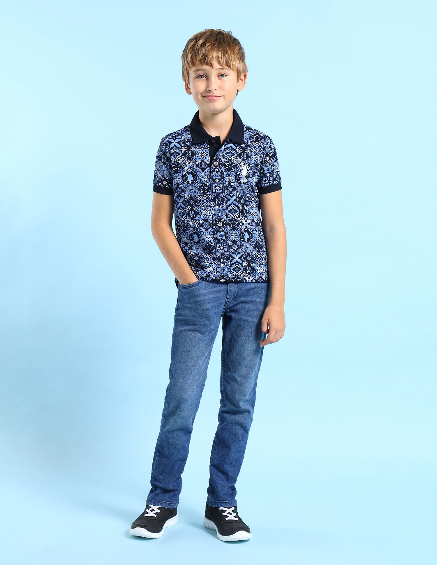 Boys Regular Fit All Over Printed Polo Shirt Navy - U.S. POLO ASSN. | Large