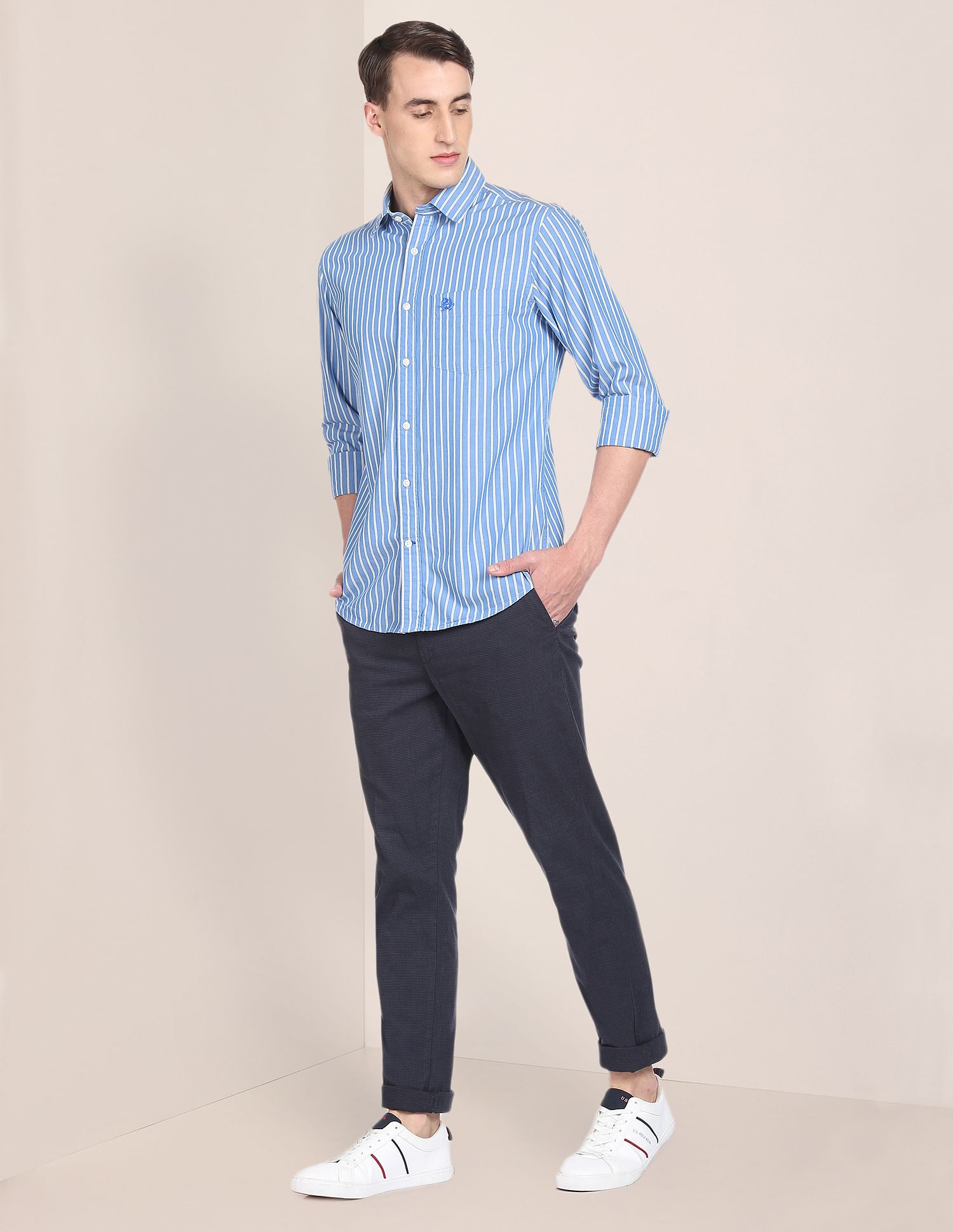 Premium Cotton Vertical Stripe Casual Shirt Blue - U.S. Polo Assn. India | Large