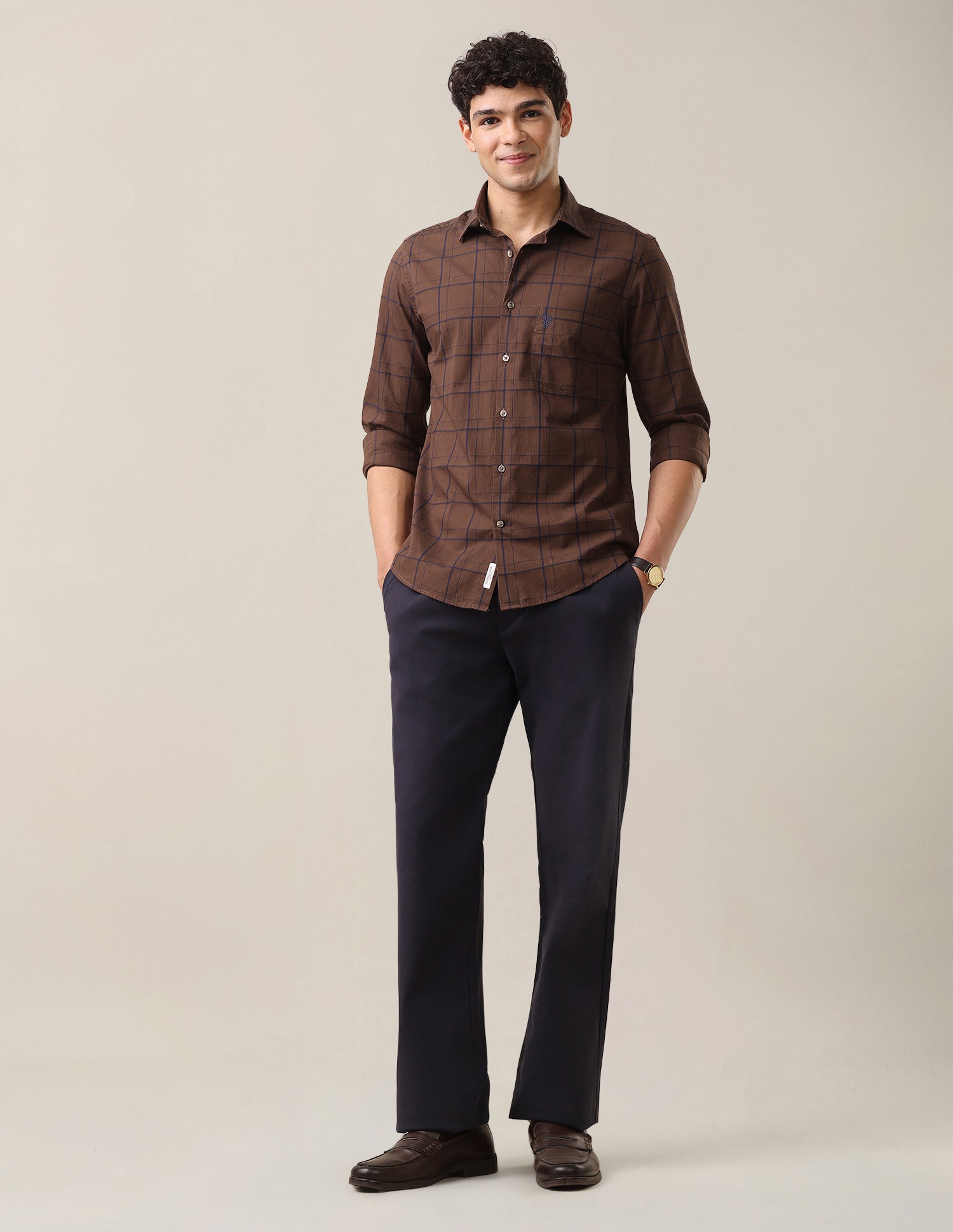 Windowpane Checked Tailored Fit Shirt Brown - U.S. Polo Assn. India | Large