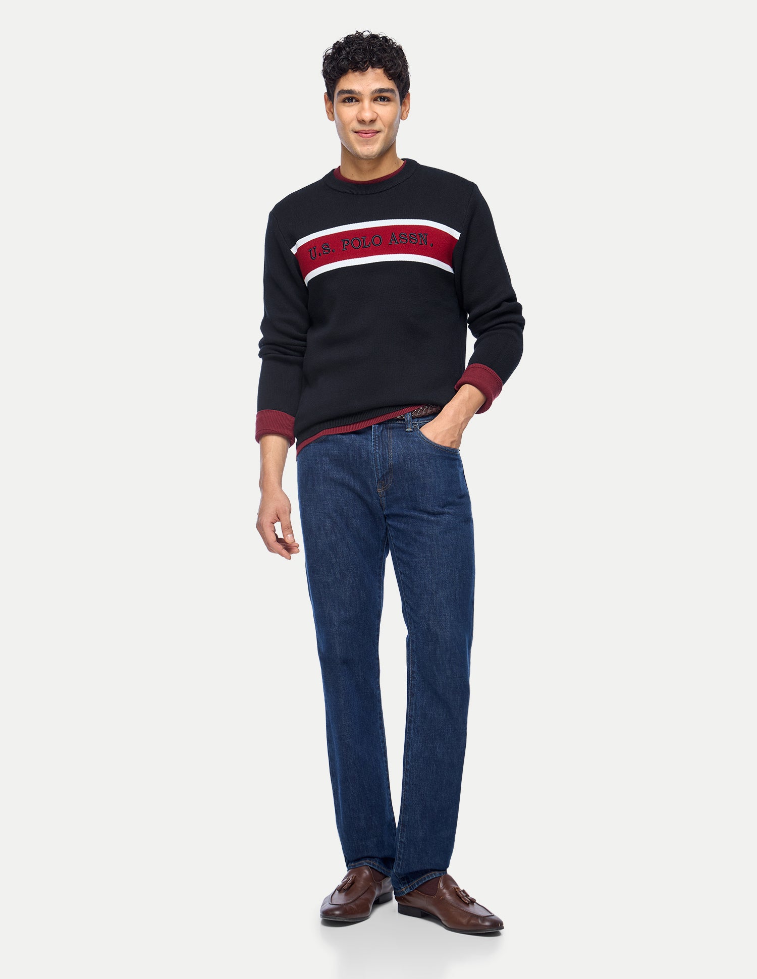Brand Embroidered Colorblocked Slim Fit Sweater Navy - U.S. Polo Assn. India | Large