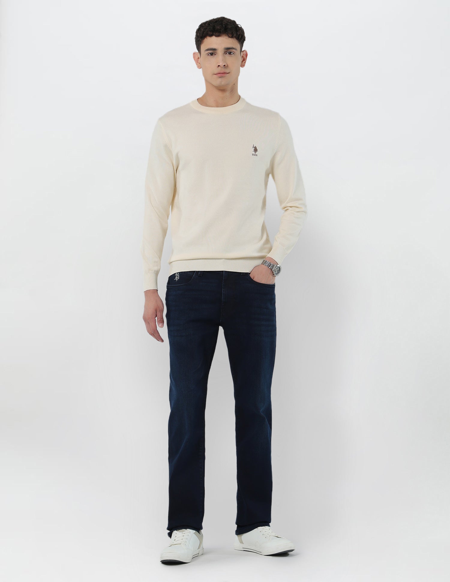 Solid Regular Fit Sweater Off White - U.S. Polo Assn. India | Large