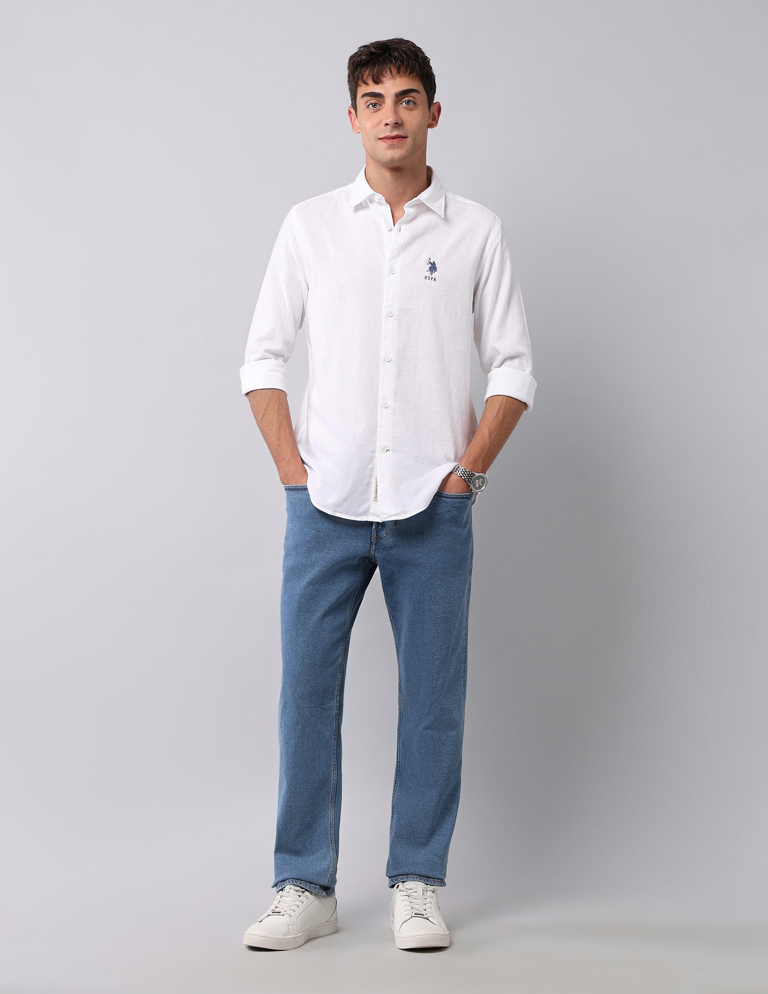 Pure Cotton Textured  Shirt White - U.S. Polo Assn. India | Large