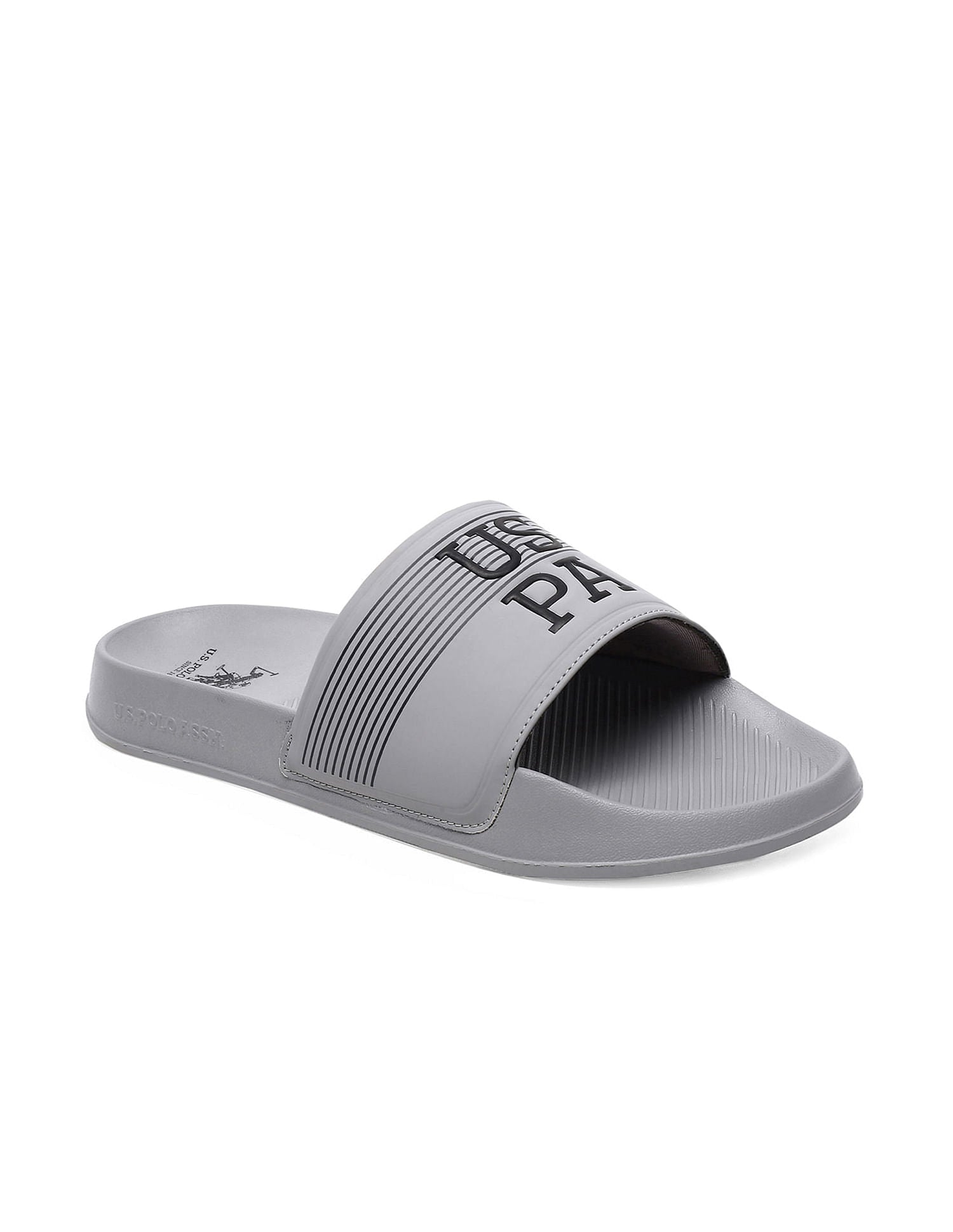 Men Brand Print Open Toe Beesley 6.0 Slides Grey - U.S. Polo Assn. India | Large