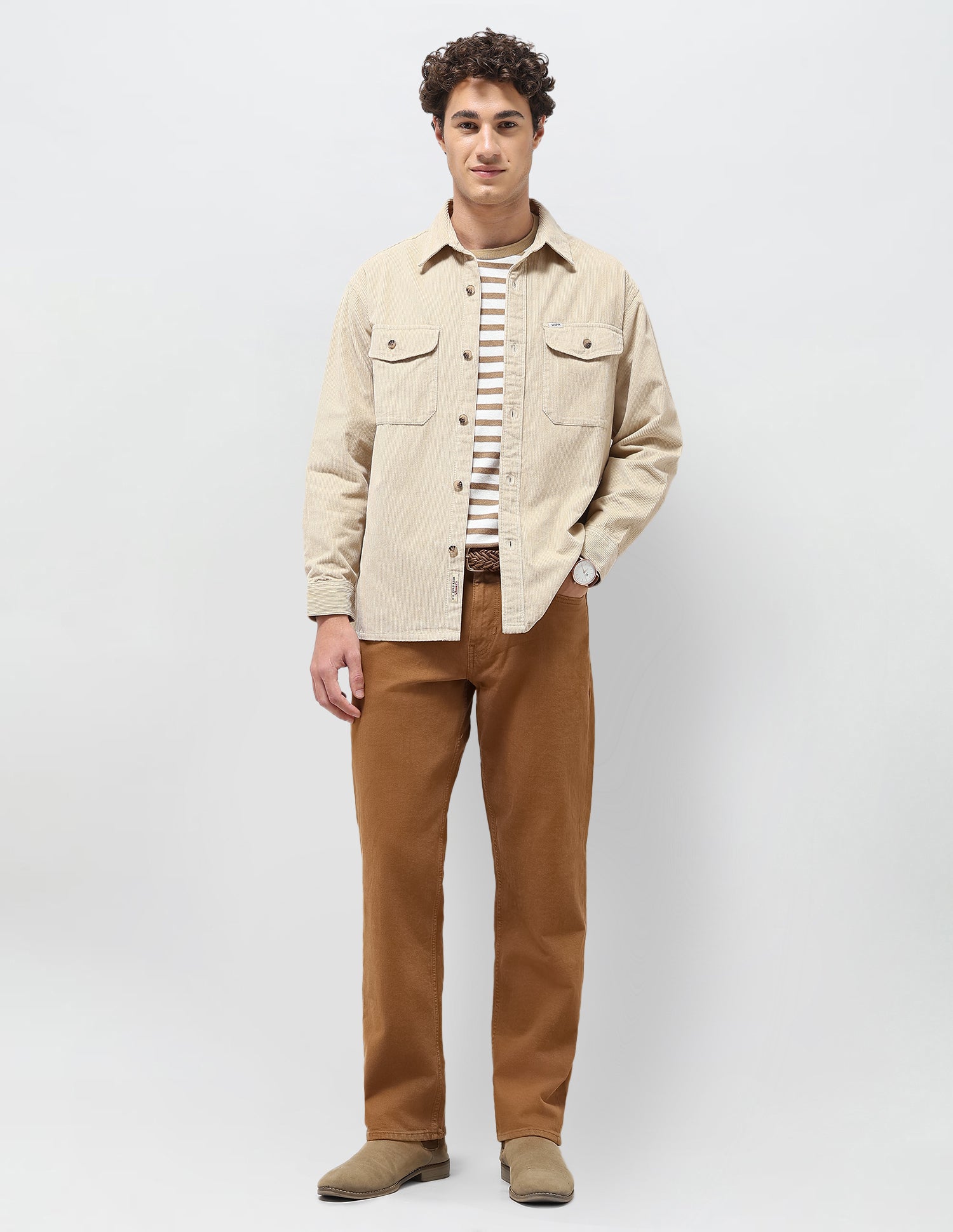 Slim Fit Corduroy Shirt Beige - U.S. Polo Assn. India | Large