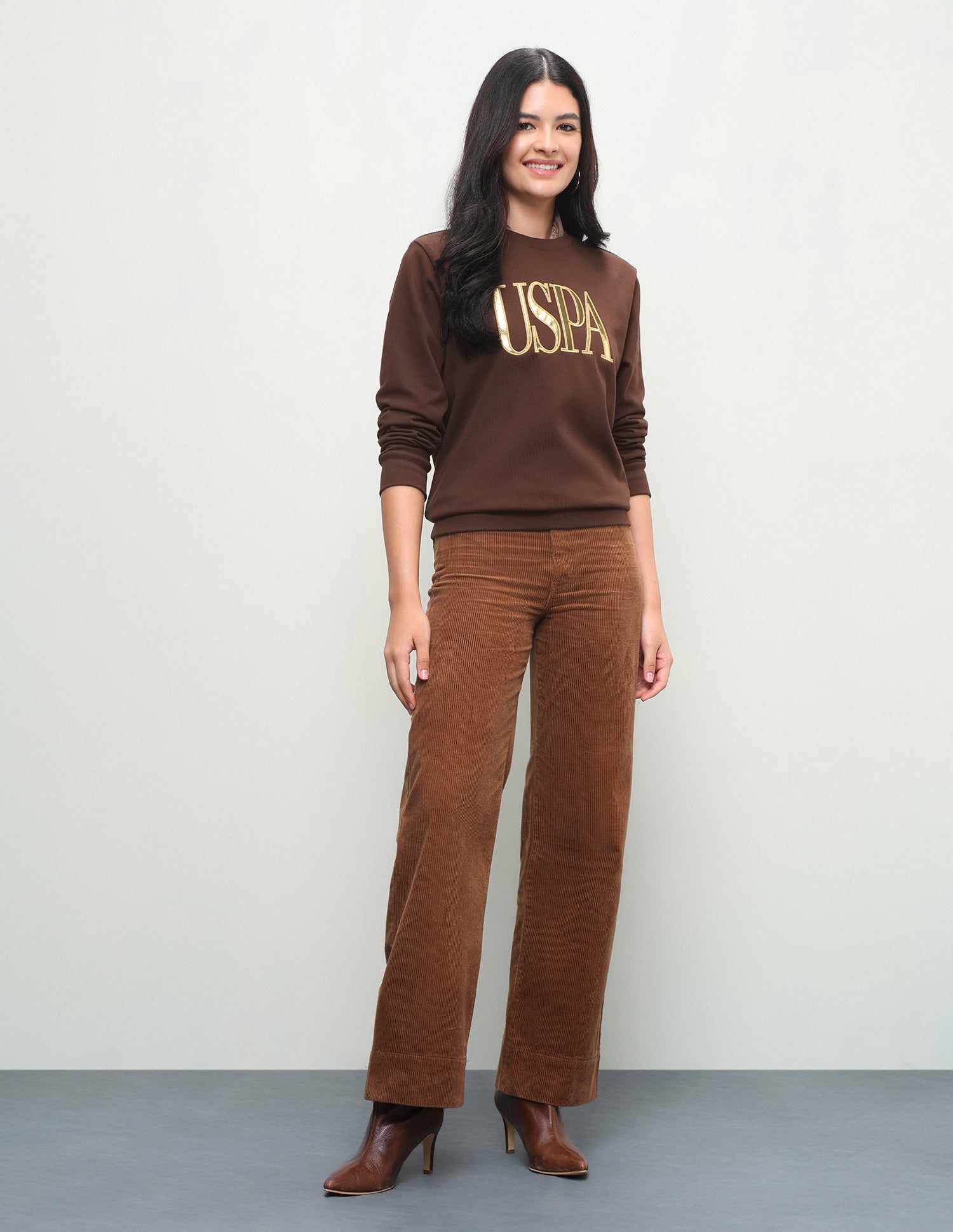 Metallic Brand Embossed Regular Fit Sweatshirt Brown - U.S. Polo Assn. India | Large