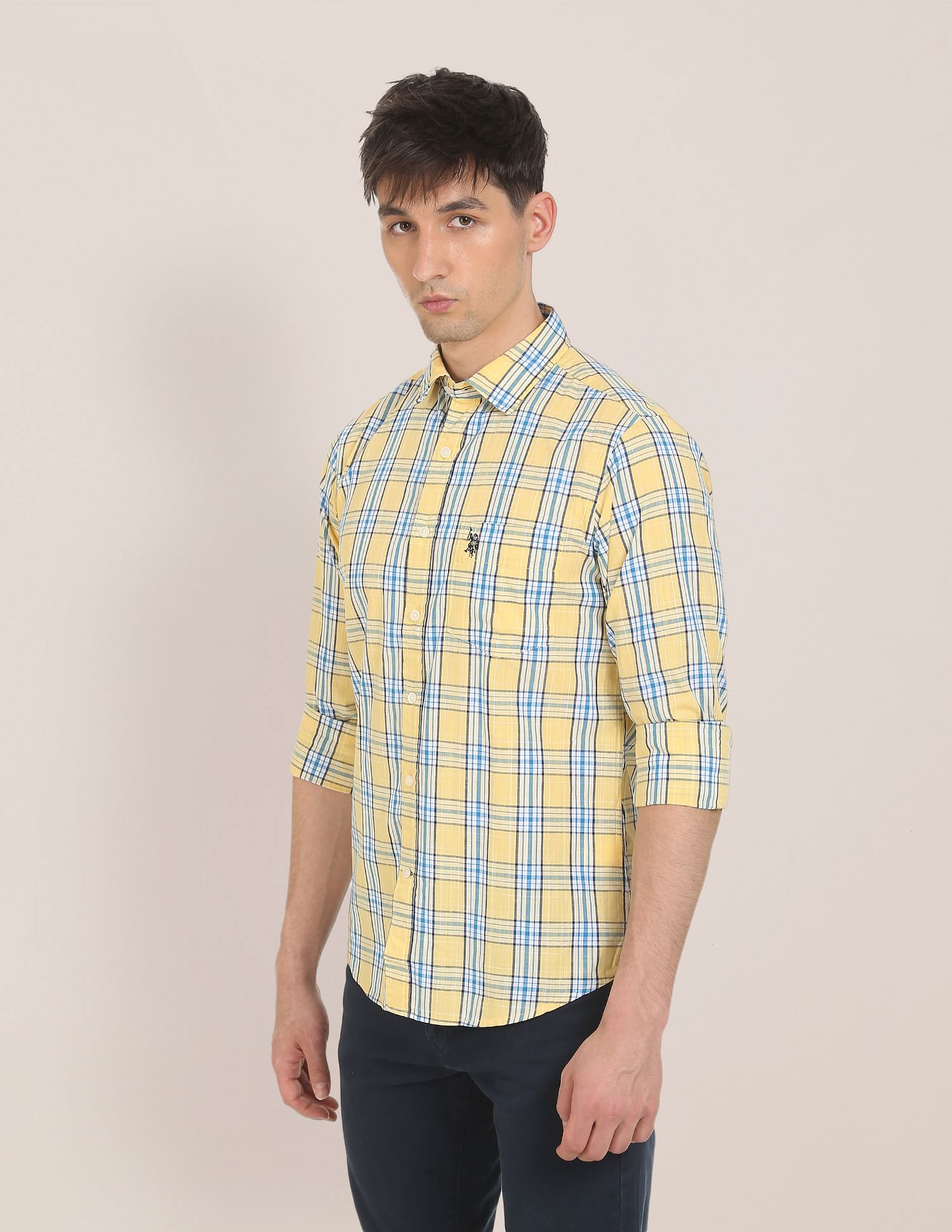 Men Yellow Spread Collar Check Cotton Casual Shirt Yellow - U.S. POLO ASSN. | Large