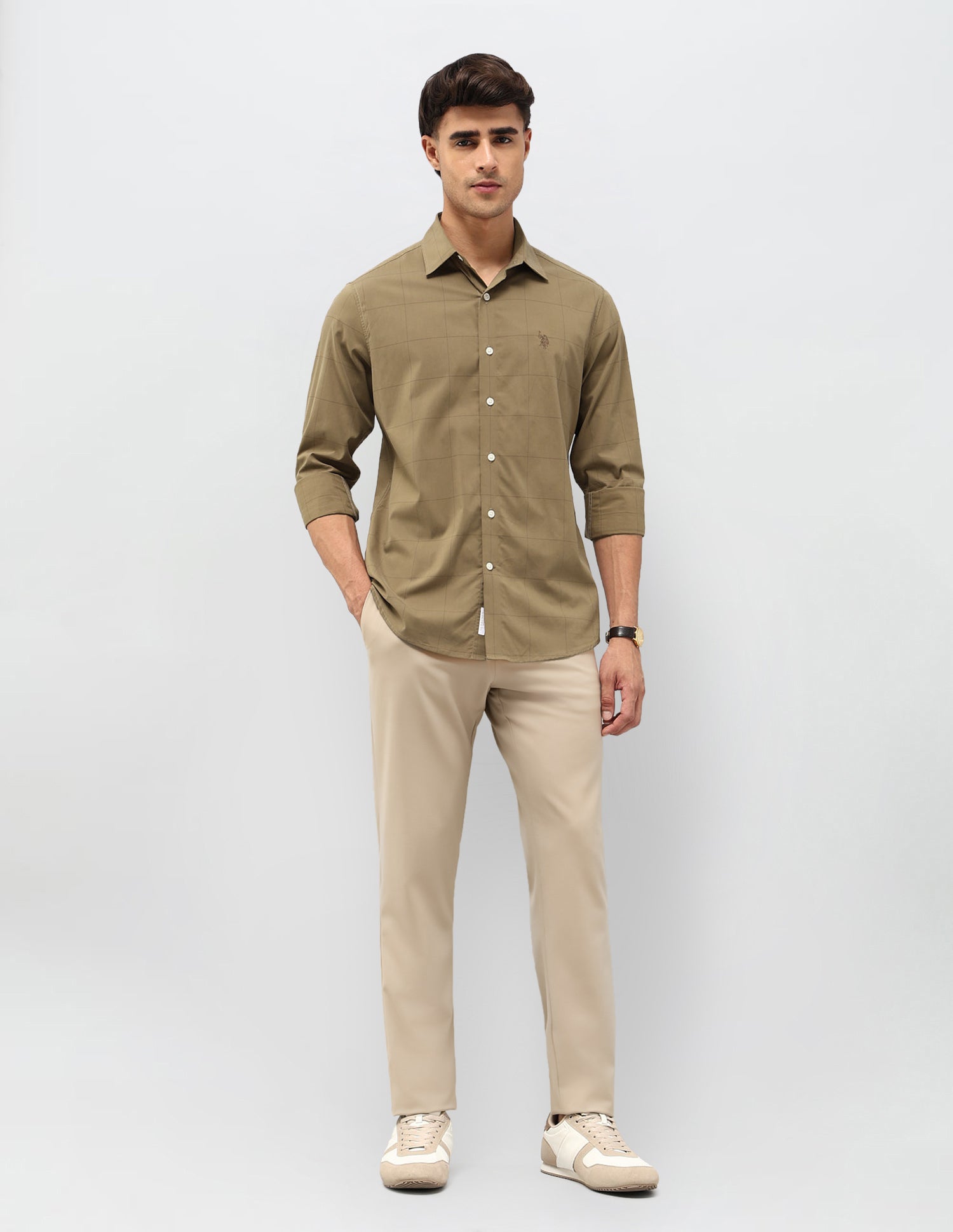 Windowpane Checked Tailored Fit Shirt Brown - U.S. POLO ASSN. | Large