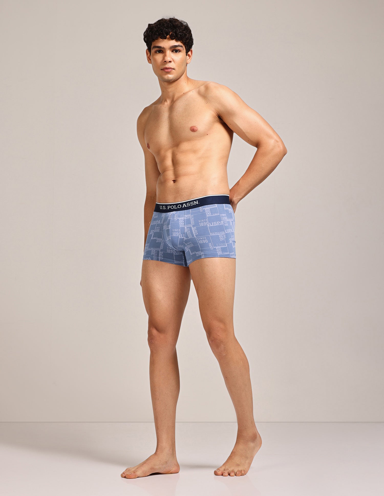 Mid Rise Printed OET24 Trunks - Pack Of 3 Blue, Navy, Light Blue - U.S. Polo Assn. India | Large