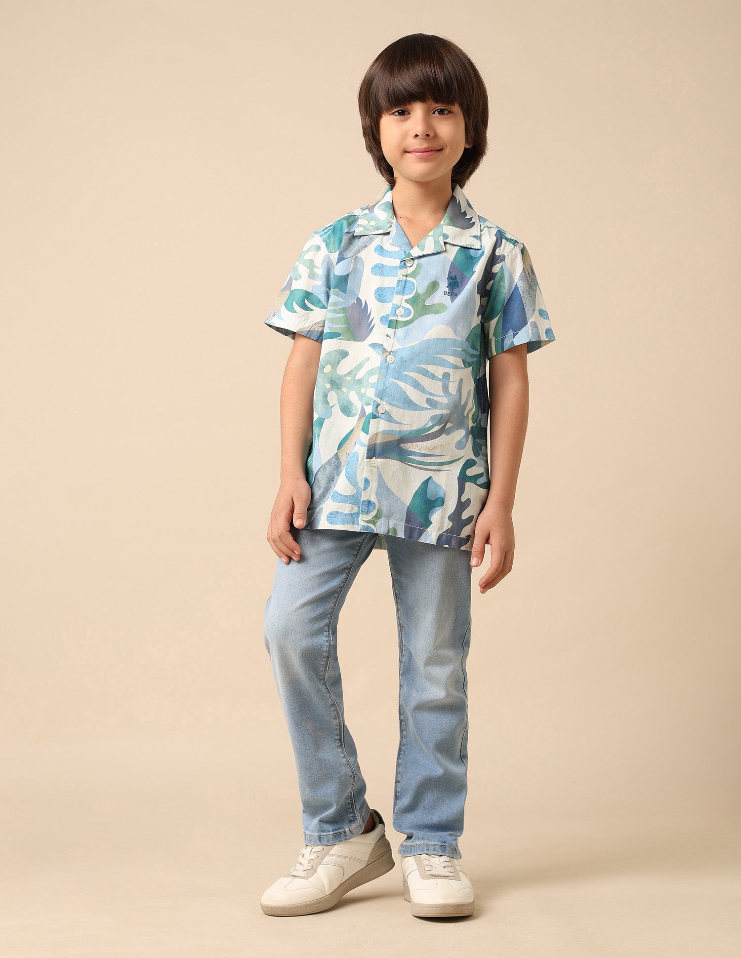 Boys Tropical Printed Pure Cotton Shirt Blue - U.S. POLO ASSN. | Large