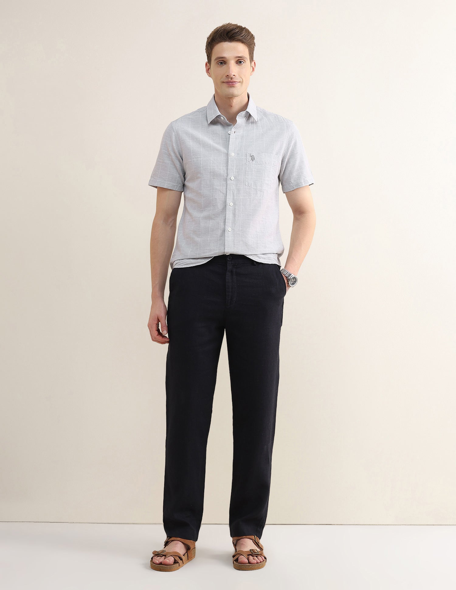 Windowpane Checked Regular Fit Shirt Light Grey - U.S. Polo Assn. India | Large