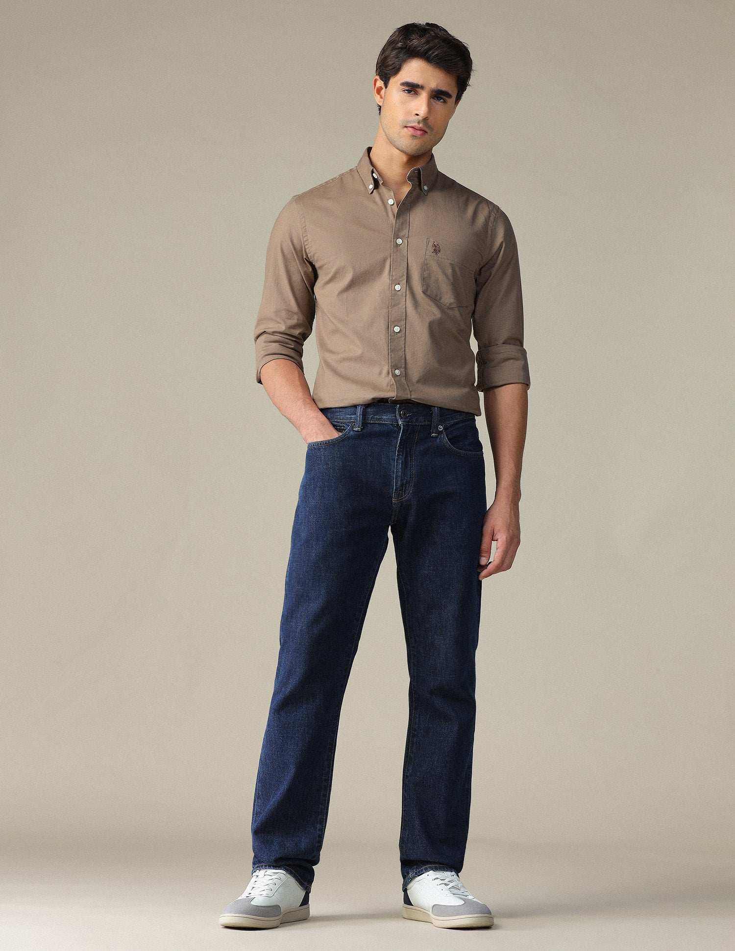 Tailored Fit Dobby Button Down Shirt Light Brown - U.S. POLO ASSN. | Large