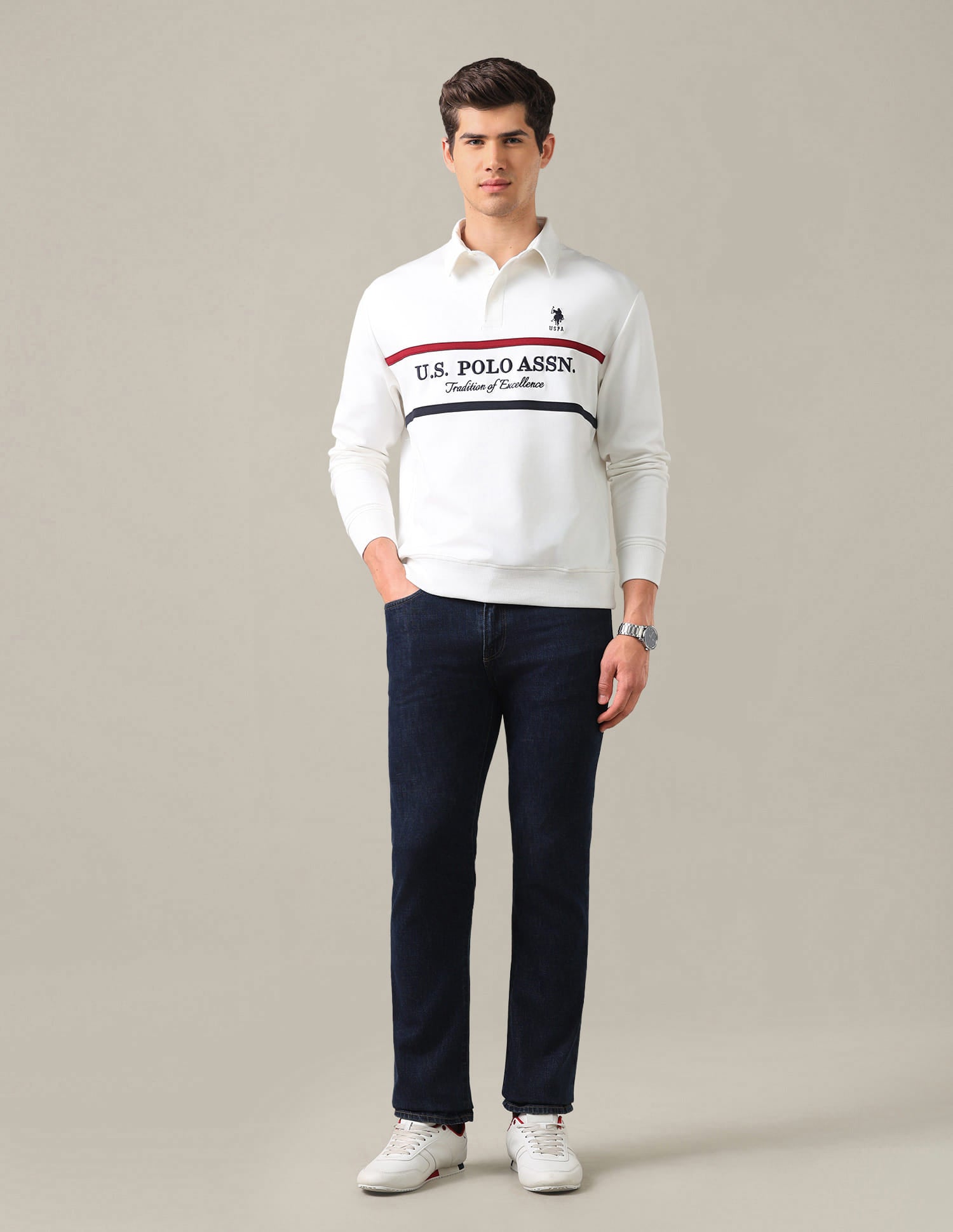 Brand Embroidered Slim Fit Sweatshirt White - U.S. Polo Assn. India | Large