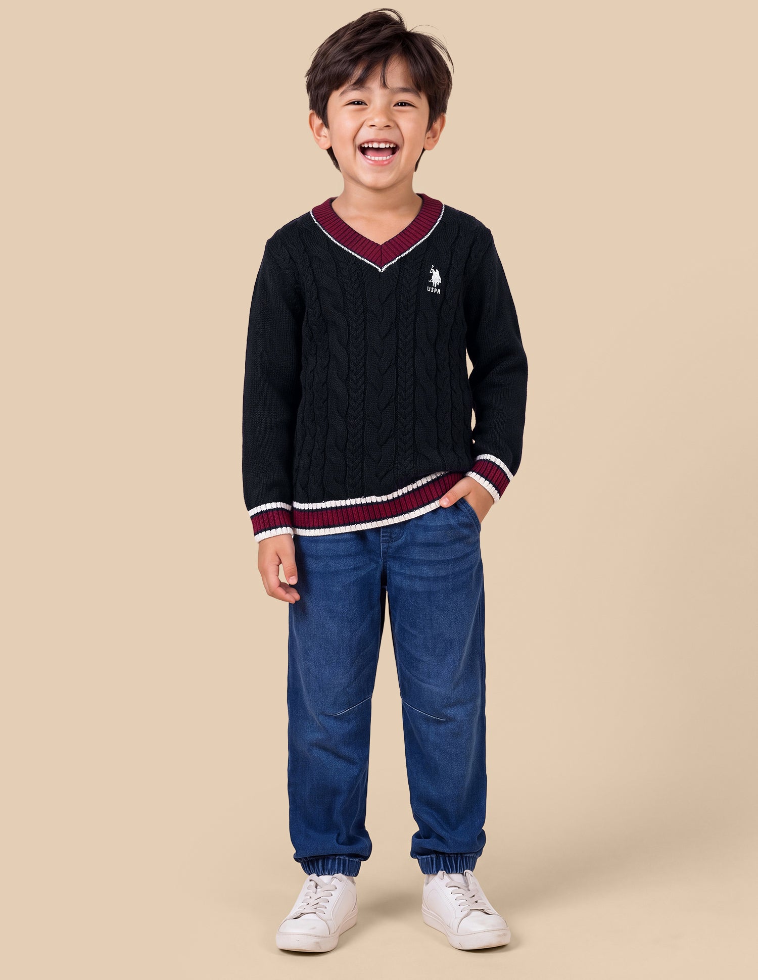 Cable Patterned Knit Regular Fit Sweater Black - U.S. Polo Assn. India | Large