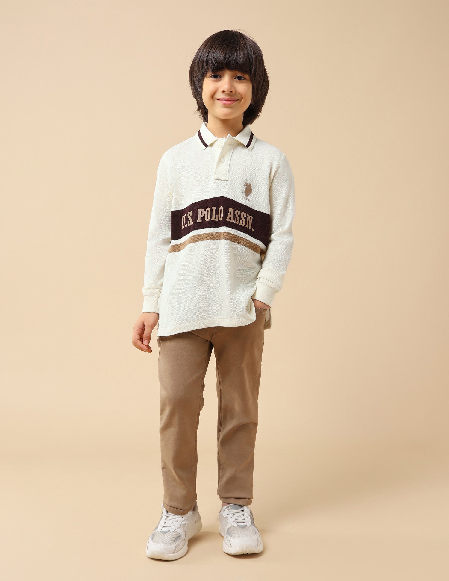 Boys Brand Printed Regular Fit Polo Shirt Off White - U.S. POLO ASSN. | Large